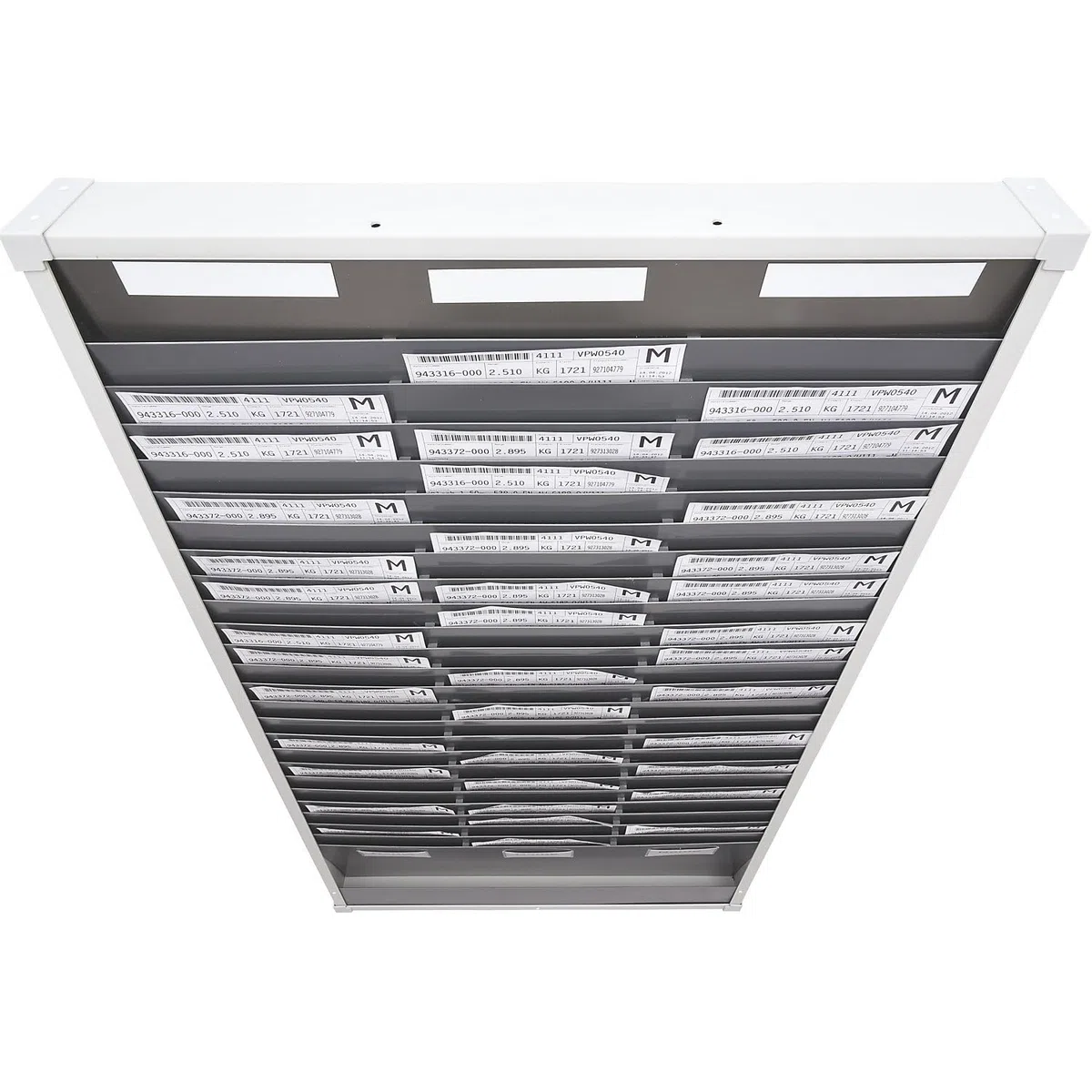 Panel modular clasificador para documentos, 25 compartimentos, altura 1350 mm, con 3 hileras.
