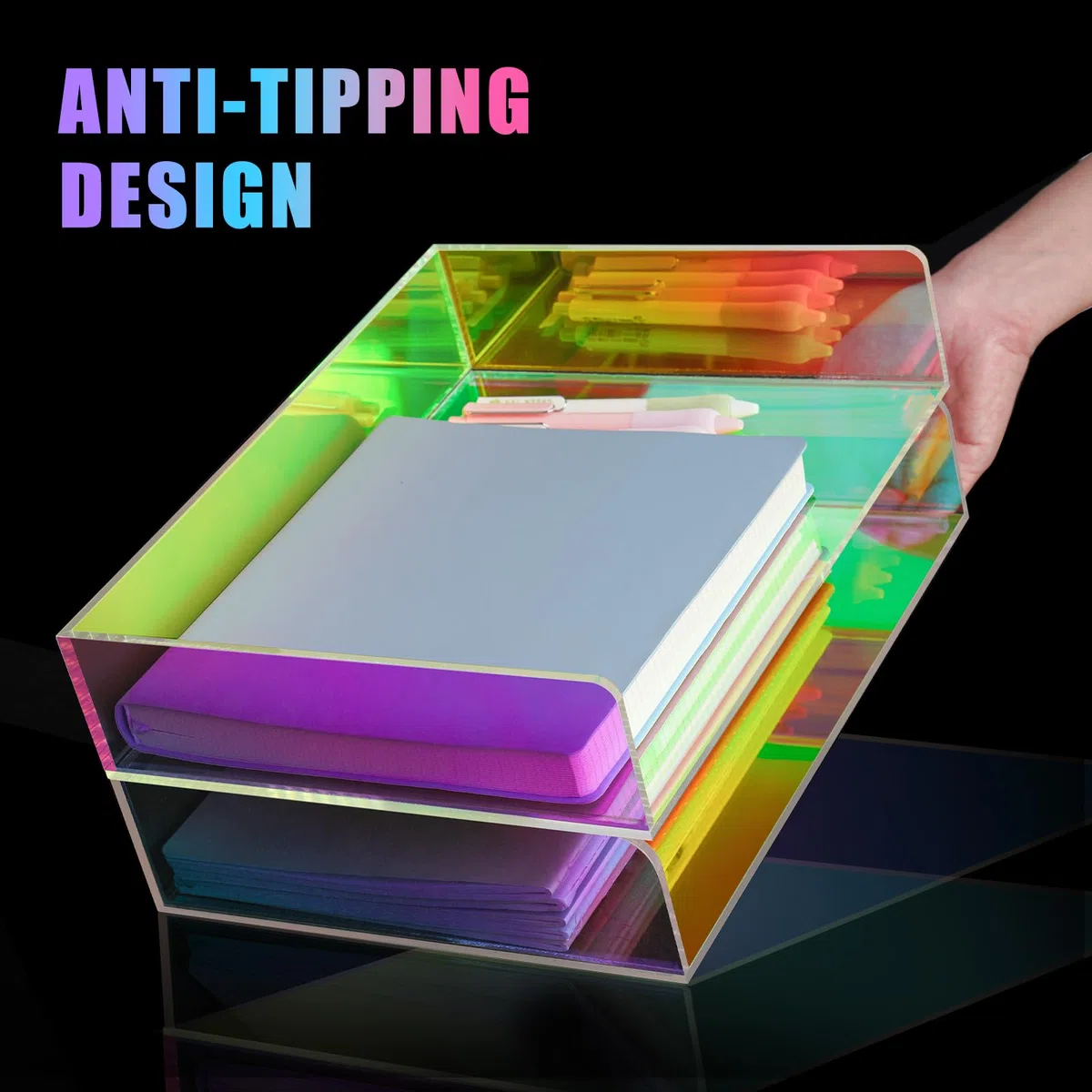 Bandeja acrílica para Cartas, Organizador de Papel apilable Iridiscente de 2 Niveles y Suministros de Oficina, Accesorios de Escritorio tamaño Carta arcoíris (Vertical)