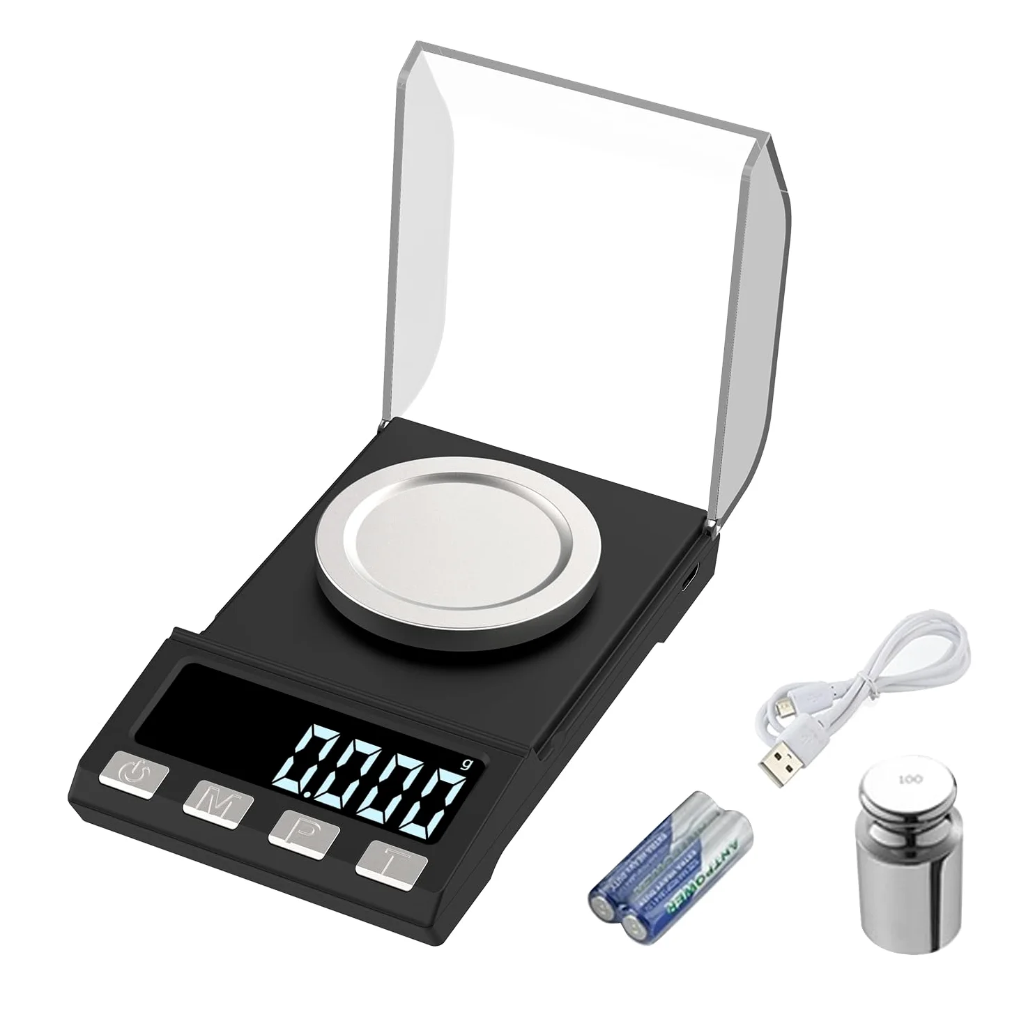 Báscula digital de 100 g/0.001 g, carga USB, báscula de miligramos, báscula de precisión de gramo, báscula de oro, báscula fina para joyas con pesos de calibración, pinzas