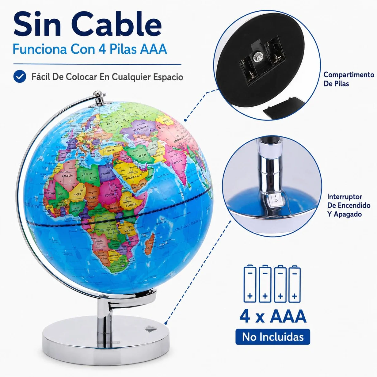 EXERZ Globo Terráqueo Iluminado 23 cm Mapa Español Y Constelaciones Lámpara LED Sin Cable Base Metálica Cromada Modo Día Noche