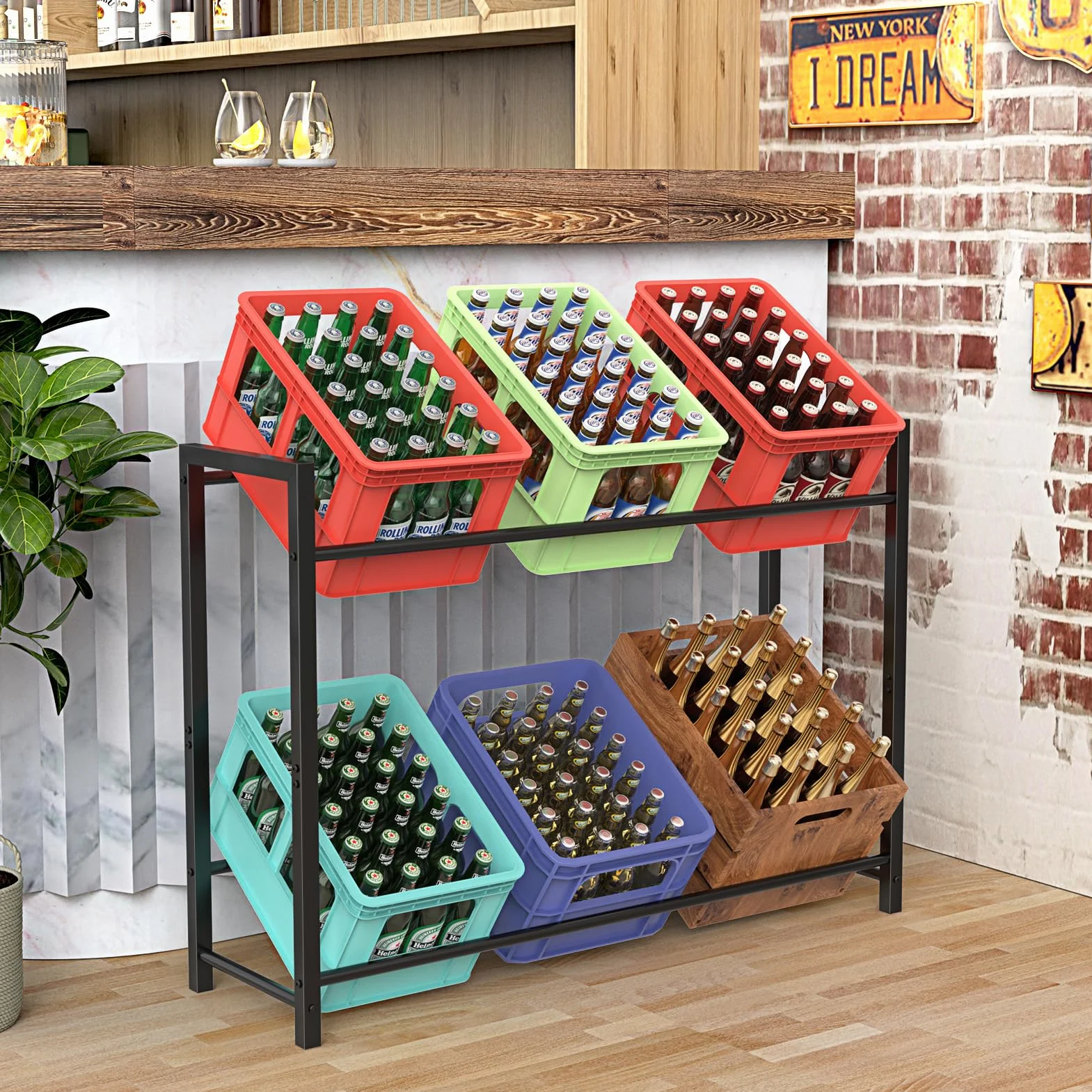WELDUN Estantería para 6 cajas de bebidas, con 2 niveles para cerveza, frutas, verduras, agua, capacidad de carga 150 kg
