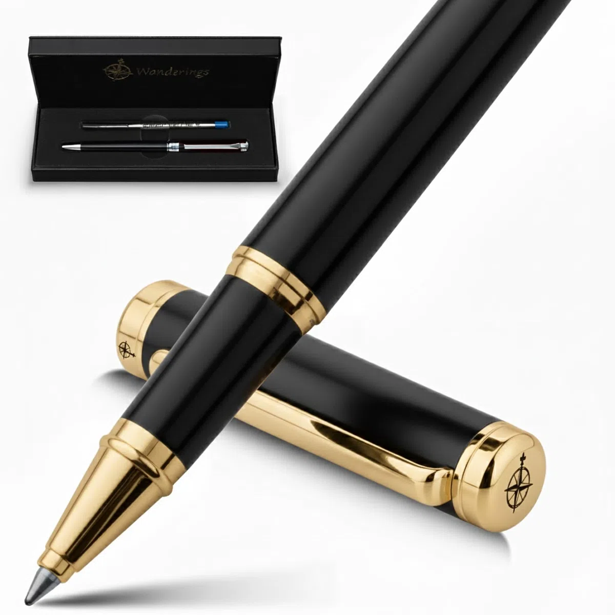 WANDERINGS Bolígrafo Rollerball Premium con Tinta Alemana – Escritura Sobresaliente, 24K Chapado en Oro – Negro Piano – Incluye un Recambio Schmidt en un Estuche de Presentación para Regalo