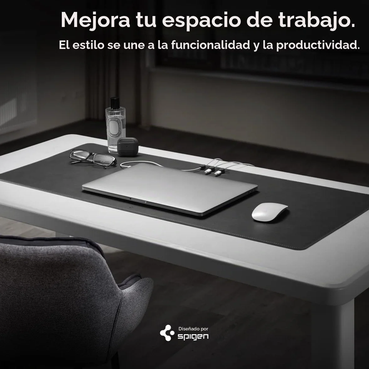 Spigen Alfombrilla de Escritorio Velo Vegan PU Cuero con Soporte Magnético para Cables y Base de Goma Antideslizante - Negro