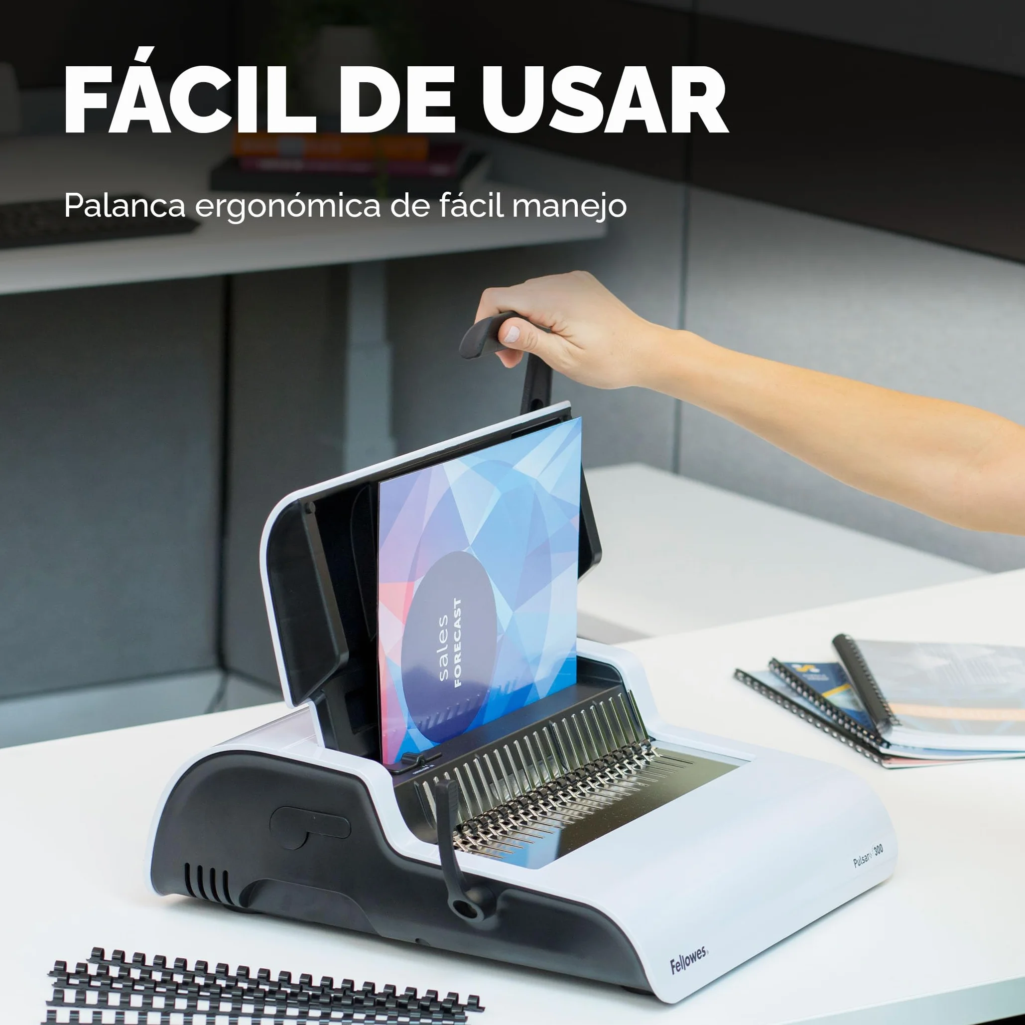 Fellowes Pulsar+ Encuadernadora manual A4, perfora 20 hojas, encuaderna hasta 300 con canutillo plástico, incluye 10 portadas. Ideal para casa o pequeña oficina