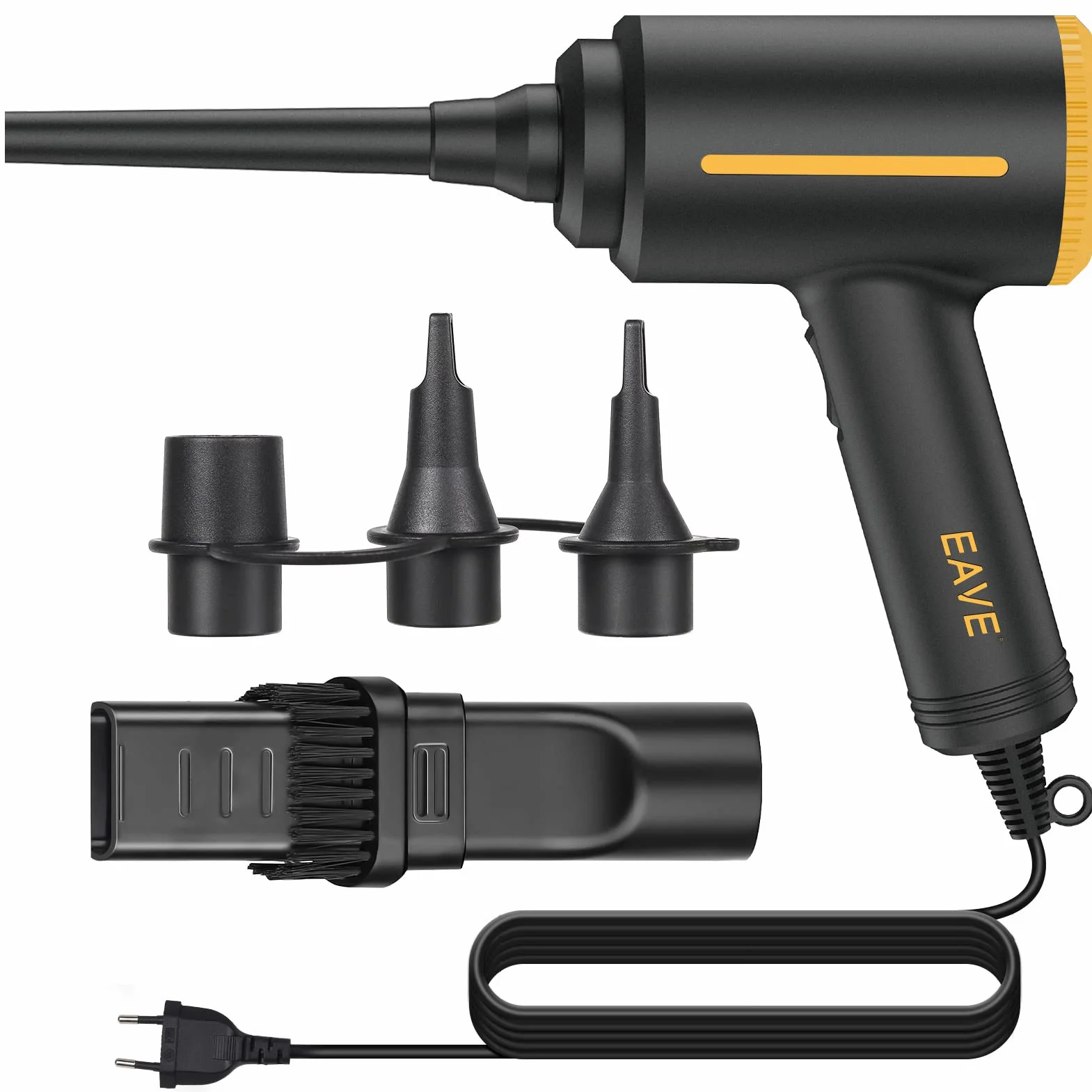Eave Soplador de Aire Potente - 2 Velocidades 500w Aire Comprimido Limpieza PC con Cable de 3m y 3 Boquillas de Soplado, Soplador de Aire Para PC y Auto, Alternativa a los Spray Aire Comprimido