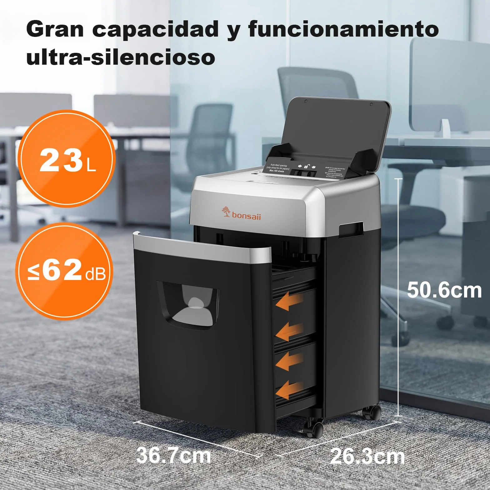 Bonsaii Trituradora de Documentos con alimentación automática para 160 Hojas, Corte en Cruz P-4, 60 Minutos de Funcionamiento Continuo, Caja de Recogida de 23 litros, para Uso en Oficina C290-A
