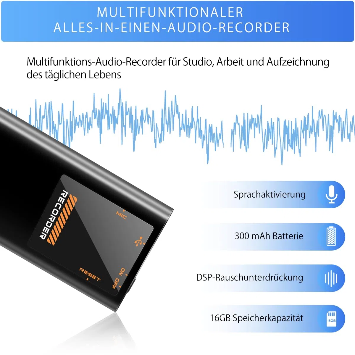 Mini dictáfono de 16 GB con imán integrado, 1130 h de memoria, dispositivo de grabación de dictáfono, reproducción con reducción de ruido DSP y grabadora de voz de audio HD, grabación de un solo toque