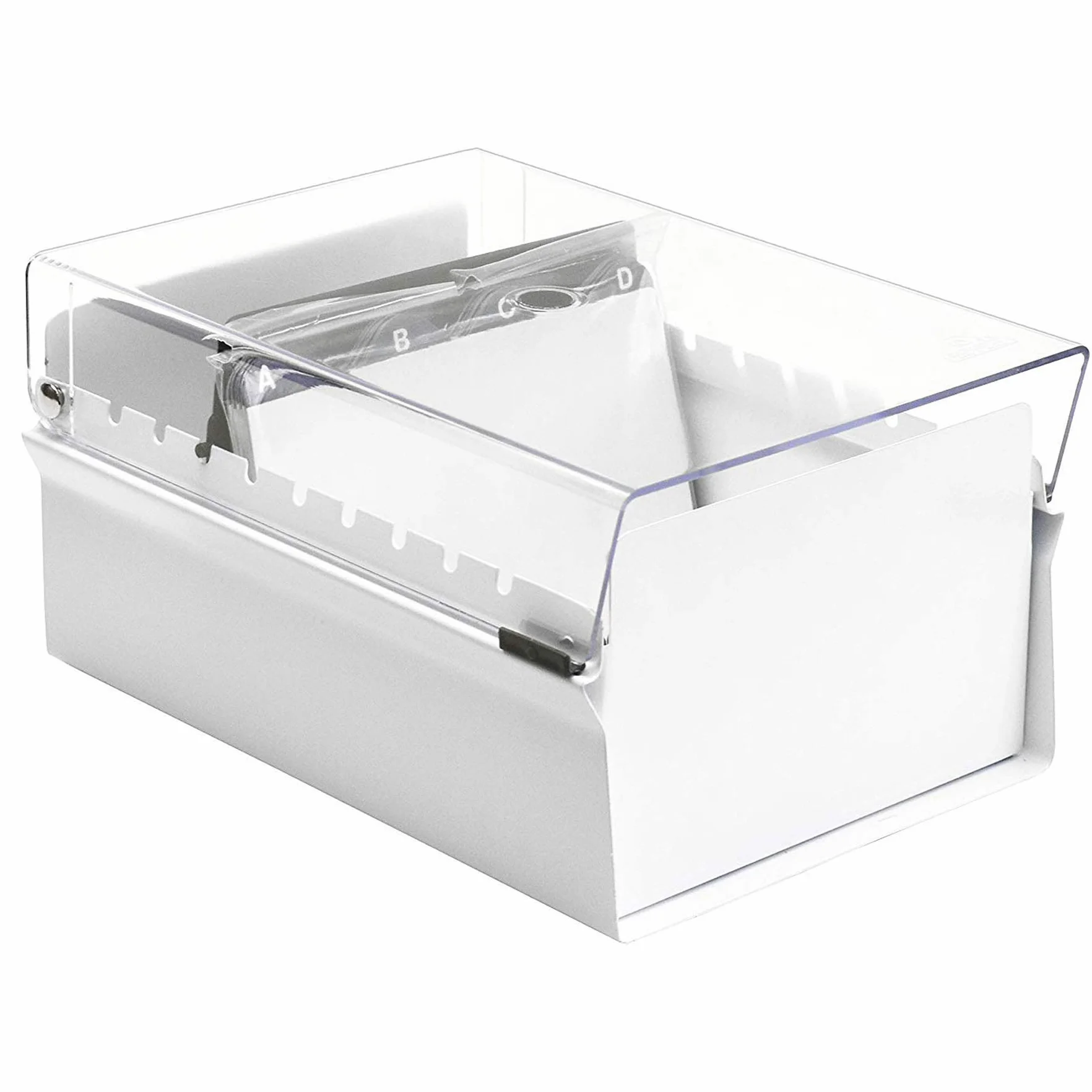 Acrimet Porta Tarjeta 4"x 6", Organizador de Fichas, Base de Metal Resistente (Incluye Índice AZ y un Divisor de Plastico) (Base Blanco y Tapa de Plástico Transparente)