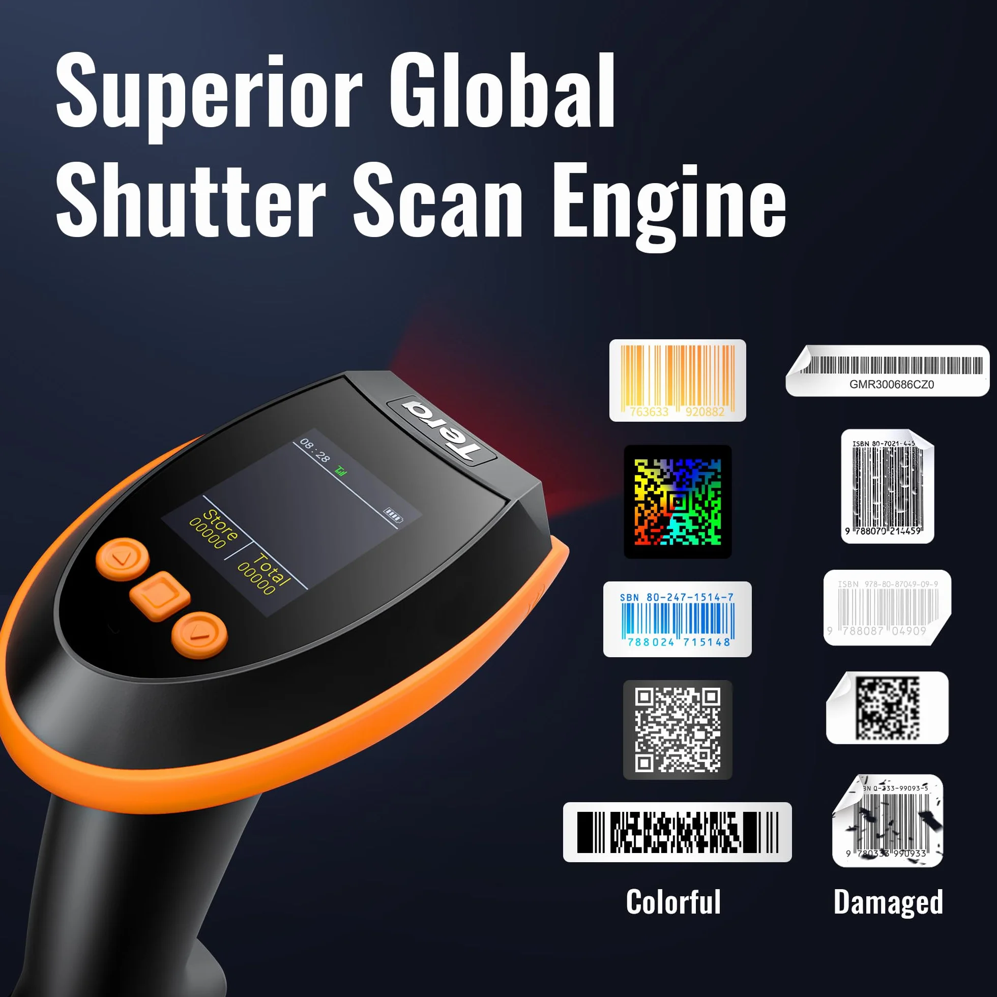 Tera Pro Escáner inalámbrico de códigos de Barras 1D 2D QR Pantalla de configuración Digital, Velocidad de escaneo Extra rápida, Bluetooth 2.4G Cable USB, Instructions en Anglais HW0009