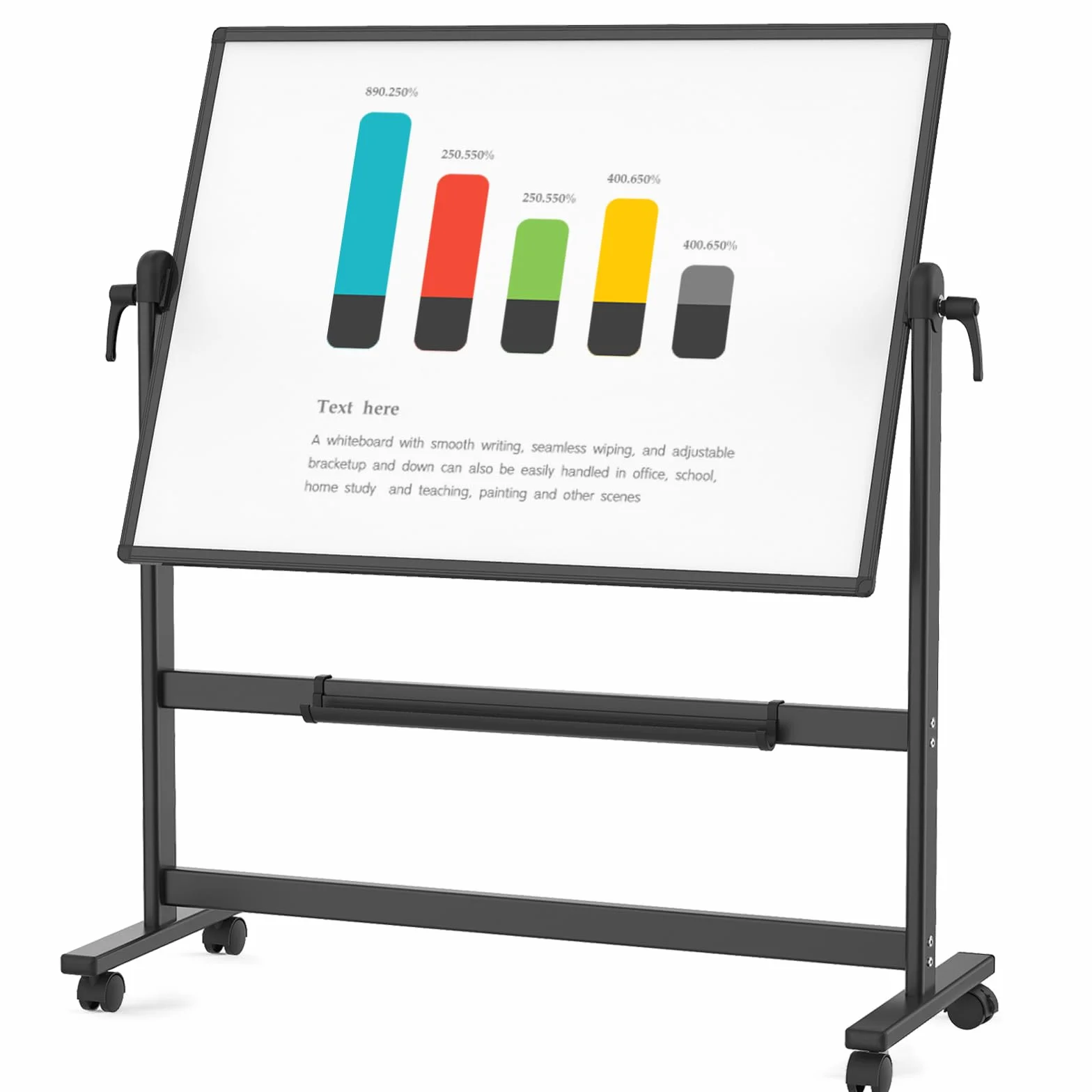 VIZ-PRO Pizarra blanca móvil magnética doble cara 120x90 cm marco aluminio negro