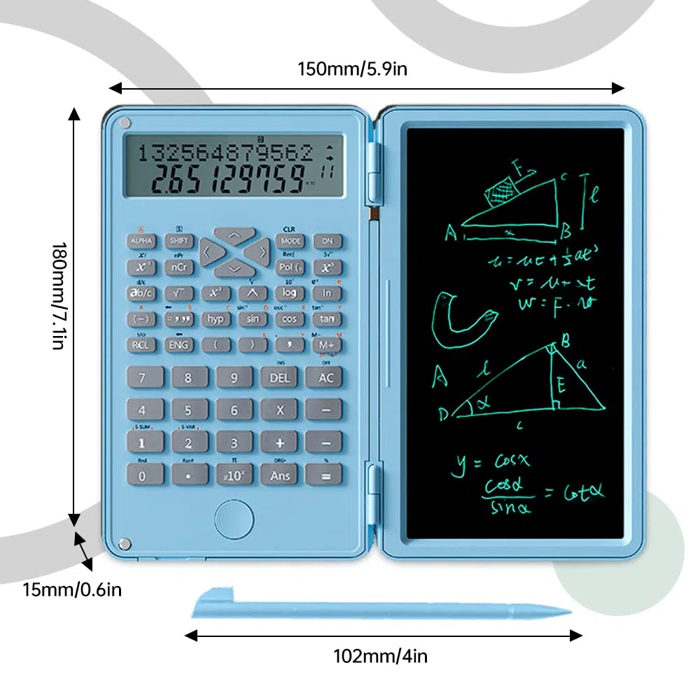Calculadora científica con tableta de escritura, calculadora profesional plegable de bolsillo, calculadora estándar con bloc de escritura LCD borrable para oficina, hogar, escuela, negocios (azul)