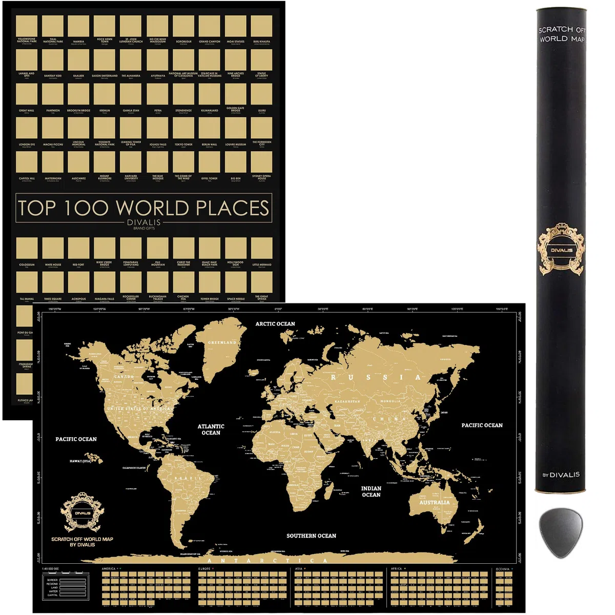 Juego de regalo 2 en 1 – Mapa del mundo para rascar + póster de los 100 lugares para visitar – Paquete de viaje grande para rascar – Mapa de los mejores lugares que he estado para trotamundos – Dos