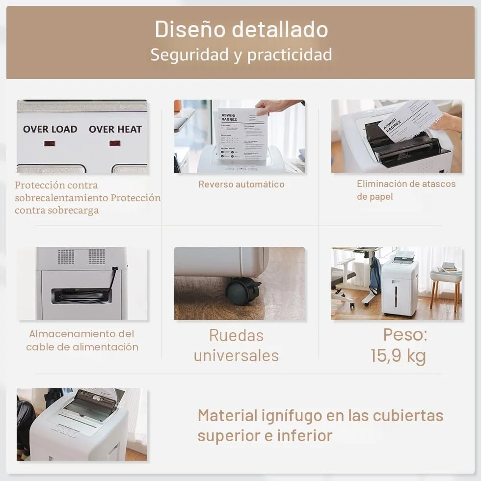 Kalopsia Destructora de Papel Profesional: 200 Hojas Destructora Automatica 60Min Trituradora de Papel Microcorte Seguridad P5 Tarjeta de Crédito/CD/Grapa Destructora Papel Oficina Casa con Cubo 35L