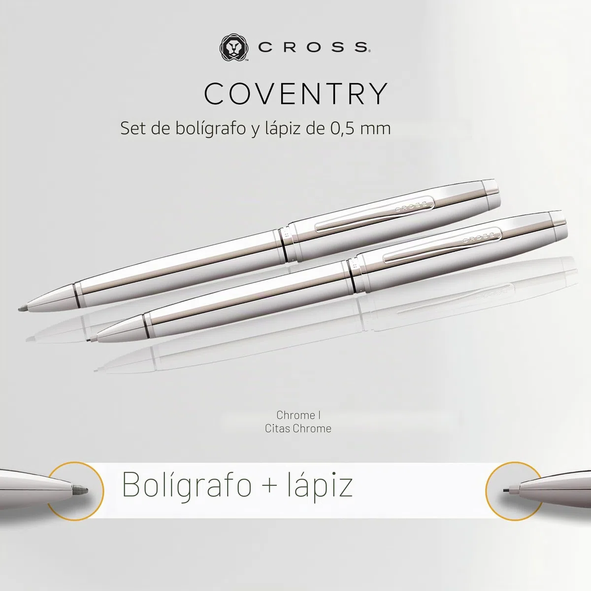 CROSS Coventry - Juego de bolígrafo y portaminas (KS: ancho de trazo M, DB 0,7 mm, incluye embalaje de regalo), cromado brillante