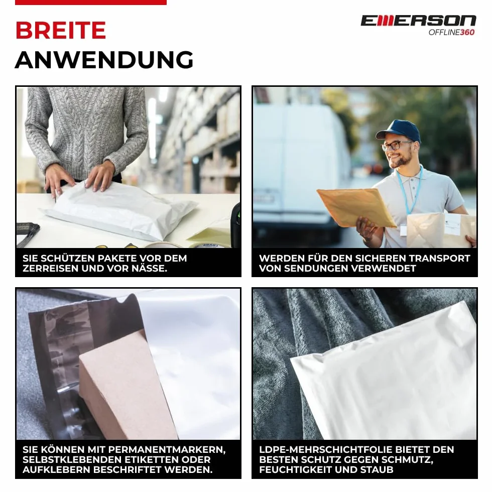 Emerson 50 bolsas de envío de plástico de 35 x 50 cm, con cierre autoadhesivo, color blanco opaco, para ropa, artículos, bolsas de embalaje de plástico, diferentes tamaños
