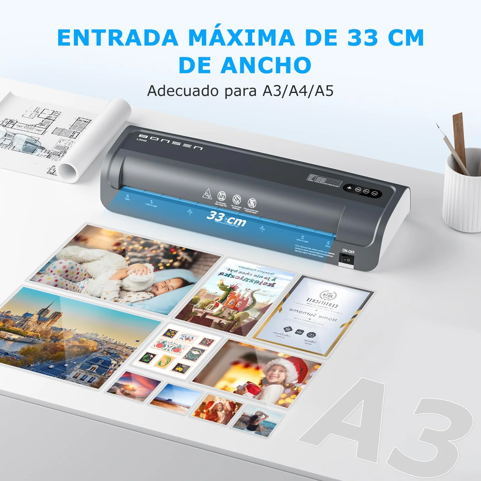 BONSEN Plastificadora A3 Anti-Atasco 100 Fundas Control Temperatura NTC Rápida L3402