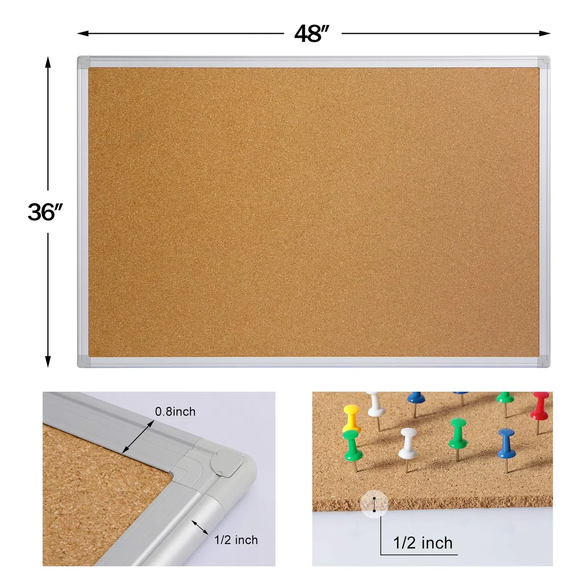 Paquete de 2 tableros de anuncios de corcho de 36 x 48 pulgadas, tablero de corcho con marco de aluminio plateado de 4 x 3, tablero de oficina para corcho de pared, tablero de anuncios grande
