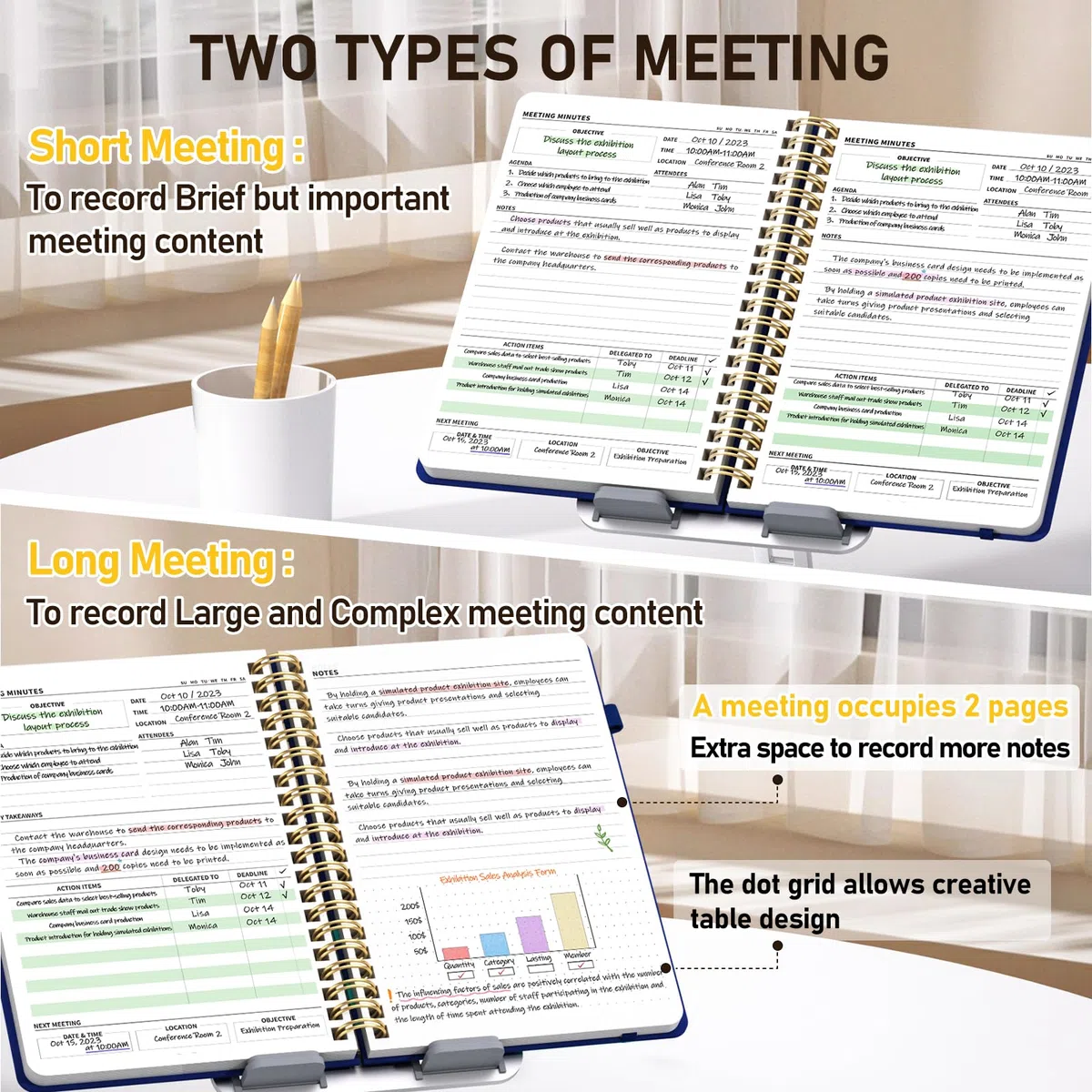 WEMATE Cuaderno de reuniones para el trabajo B5 (7 x 10 pulgadas), cuaderno de trabajo de piel sintética con agenda, artículos de acción y notas, 200 páginas para hombres y mujeres, personal y