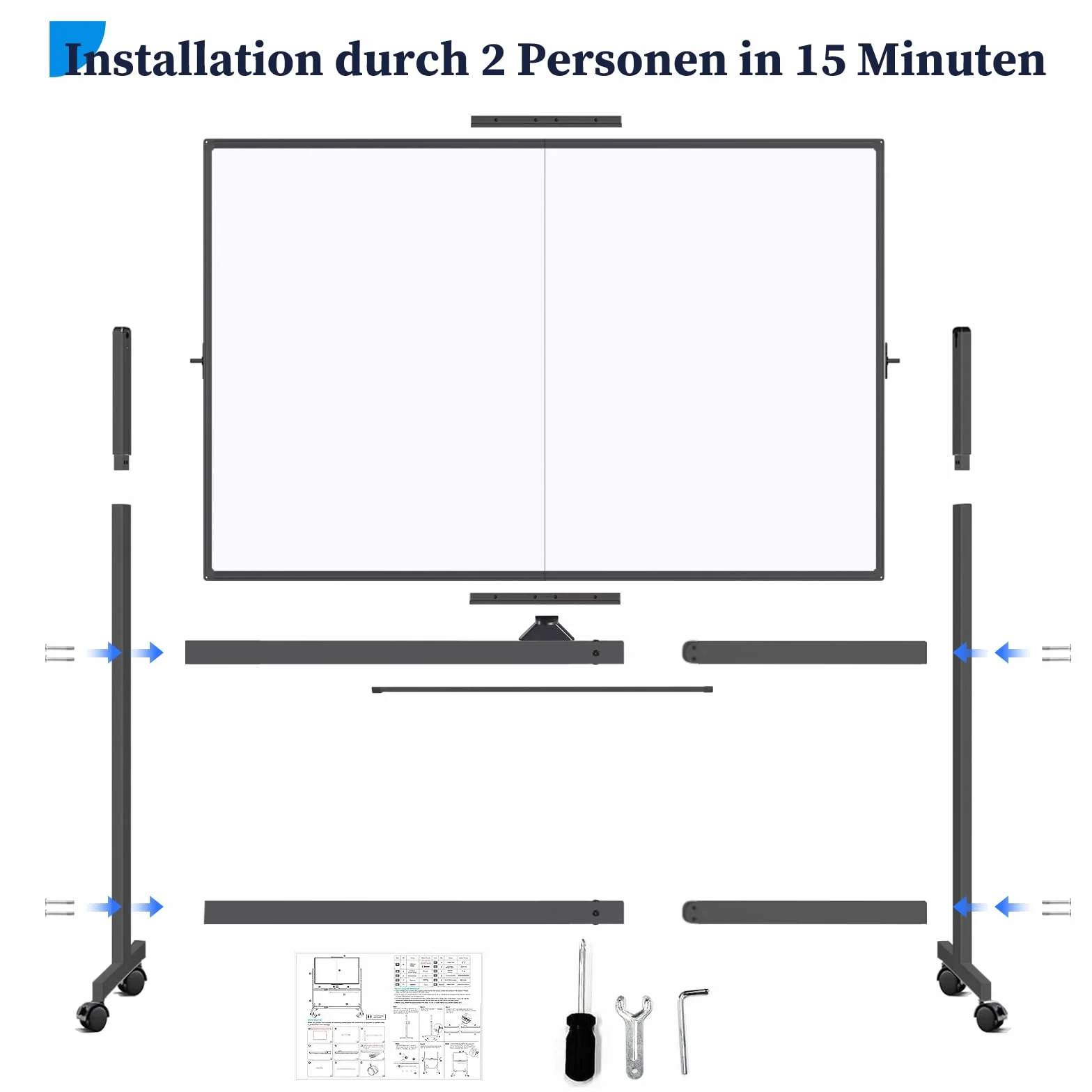 maxtek Pizarra Blanca con Ruedas 120 x 90 cm, Pizarra Magnética Grande de Doble Cara con Marco de Aluminio Negra, con Marcadores, Imanes y Borrador de Pizarra, Pizarra Móvil para Oficina