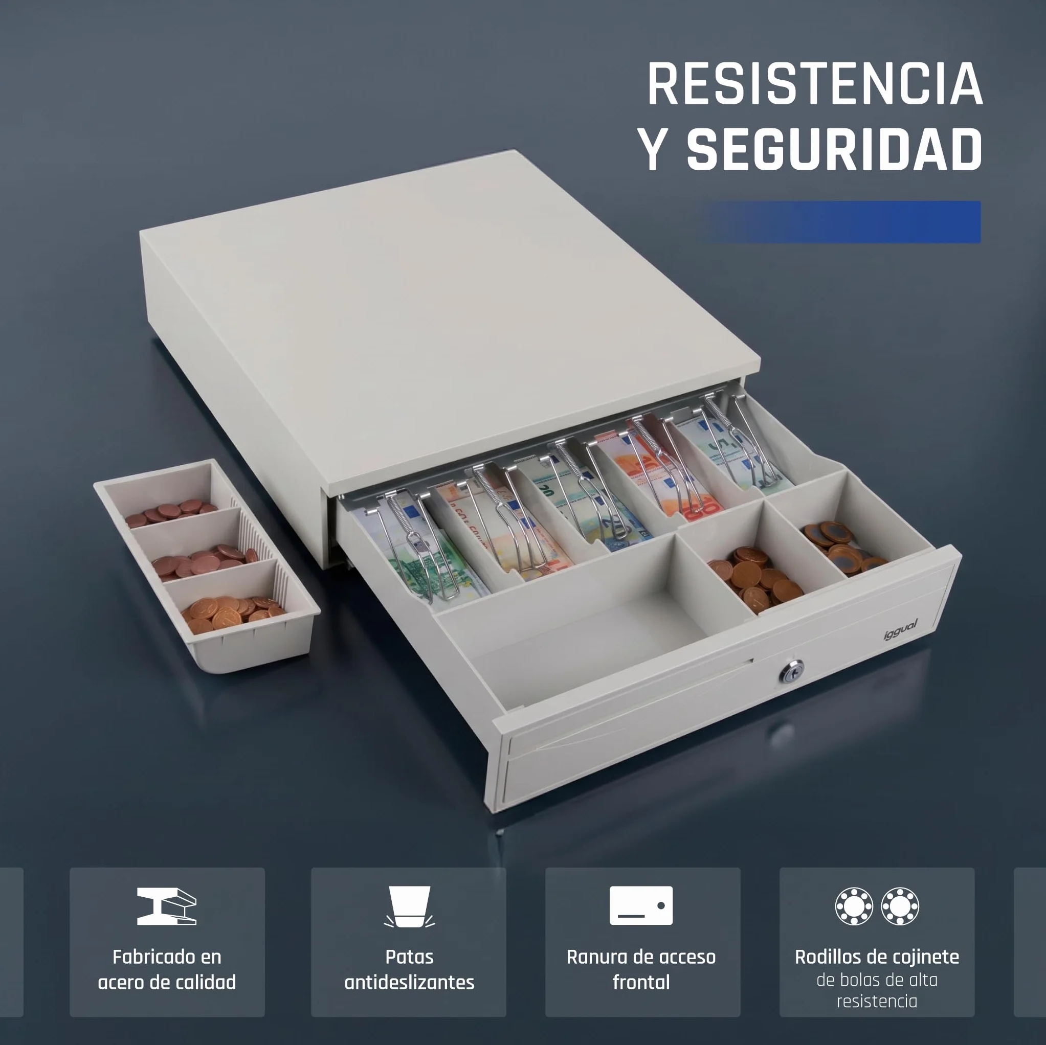iggual – Cajón Portamonedas IRON-30W -Caja Efectivo, Registradora Manual o Automática para 5 Billetes y 5 Moneda - Cerradura 3 Posiciones- Acero+Plástico -Uso profesiona -Blanco Perla (42x40,5x10)