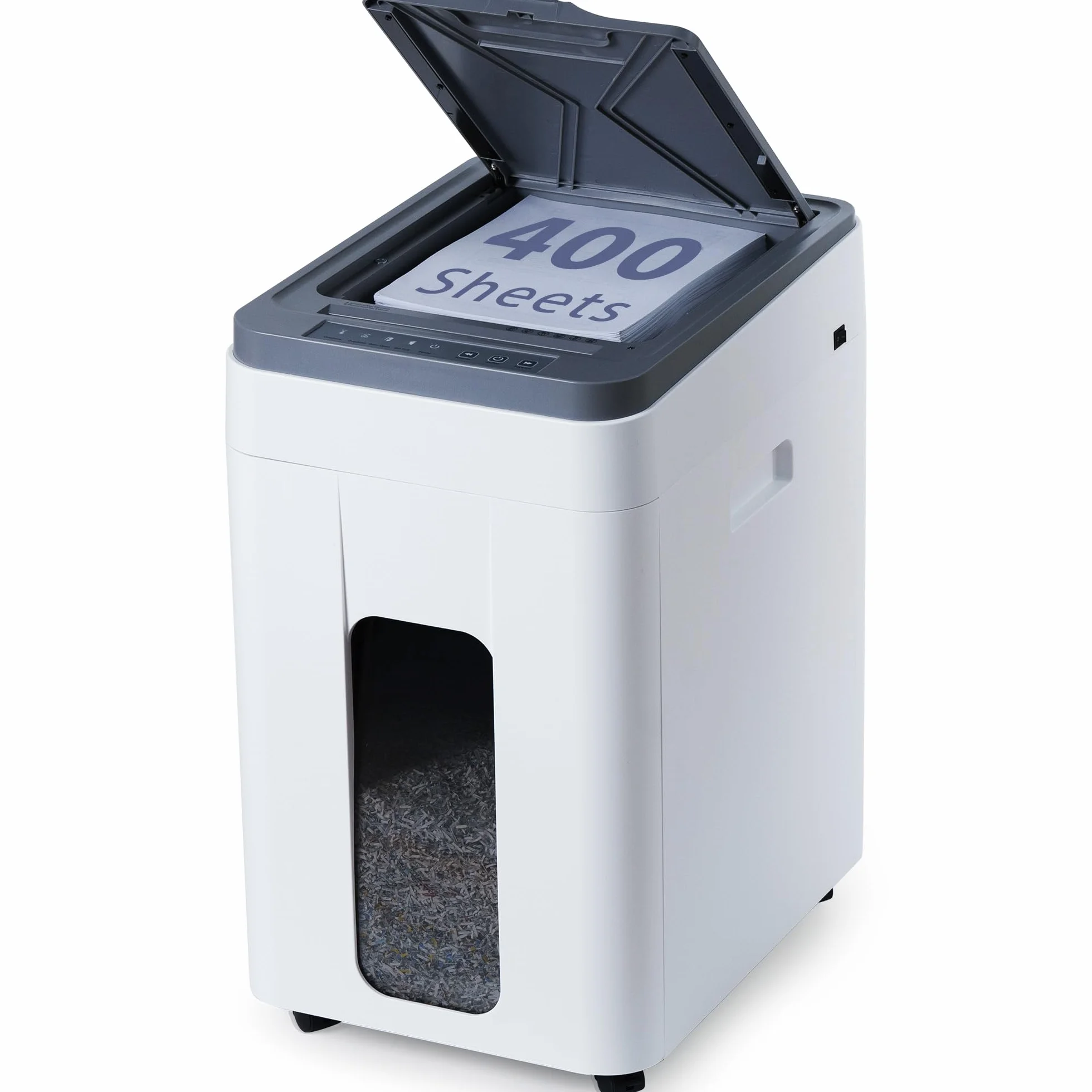 Trituradora de Documentos Automática Profesional: 400 Hojas Autoalimentación P5 Micro Corte Motor Silencioso Cubo Grande 50L con Ruedas Ideal para Oficina Comercial y Uso Doméstico