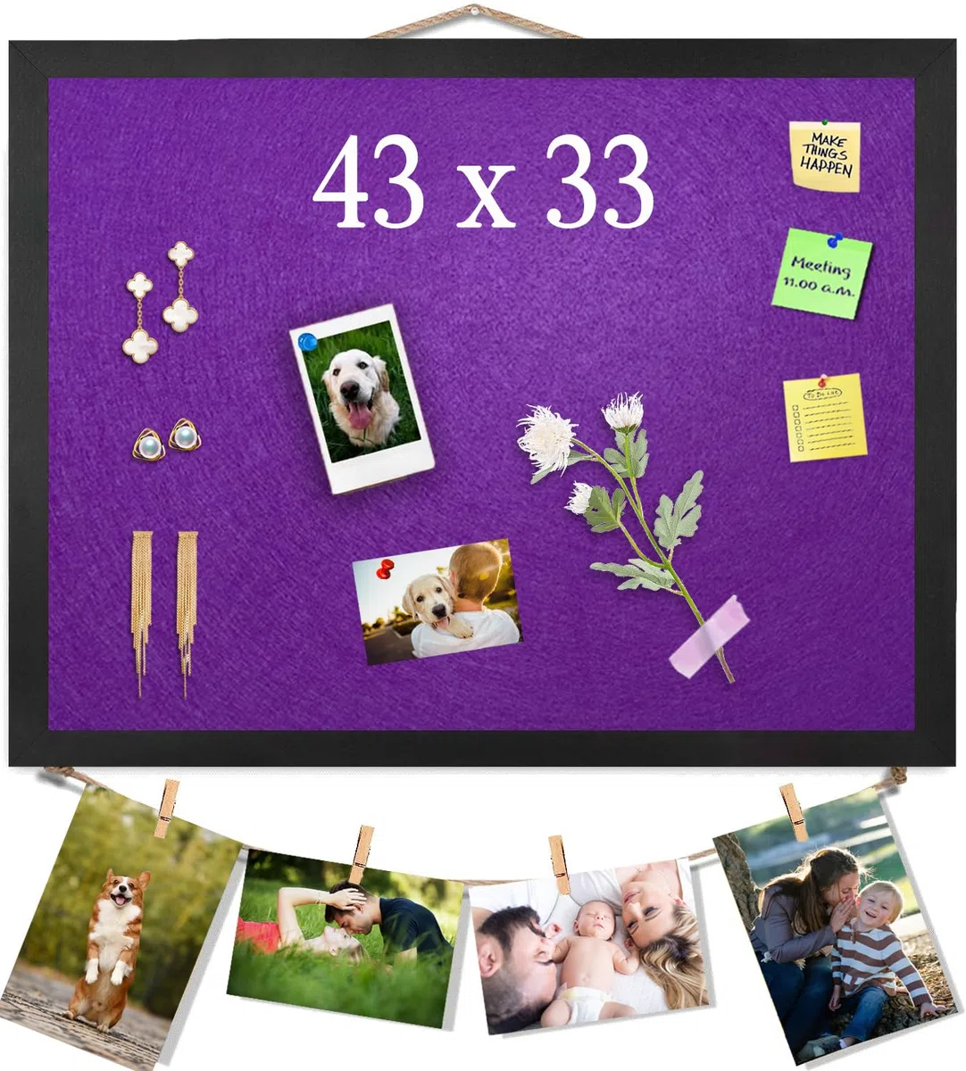 Tablón de anuncios morado de corcho con fieltro, 43 x 33 cm, pequeño tablero de visión para paredes, joyas, notas, colección, fotos, oficina, marco negro y tablero de fieltro morado, 1 unidad, Reino