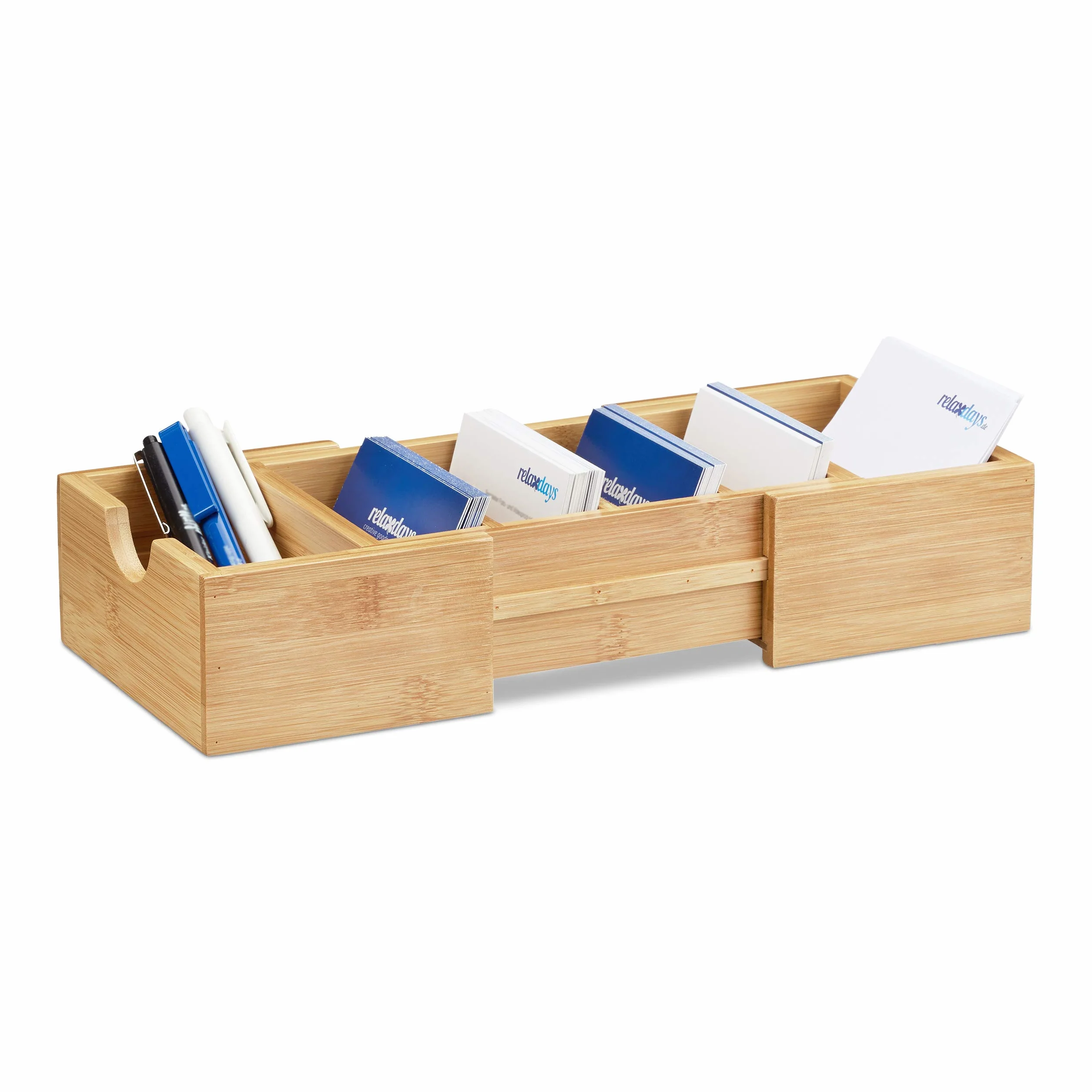 Relaxdays Soporte Tarjetas Visita DIN A8, Tarjetero Sobremesa, Fichero, Organizador, Bambú, 1 Ud, 5,5x13x30 cm, Marrón
