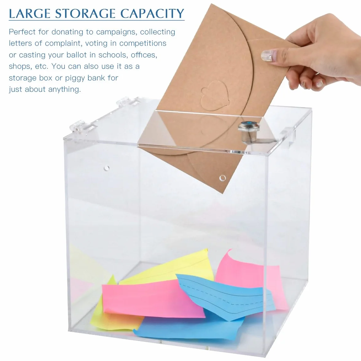 Caja de Donación de Acrílico con Cerradura 200×200×200mm, Caja de Donaciones con Candado, Urna Metacrilato con 2 llaves, Transparente Caja de Donación Acrílica para Votar Donación Acción Sorteo