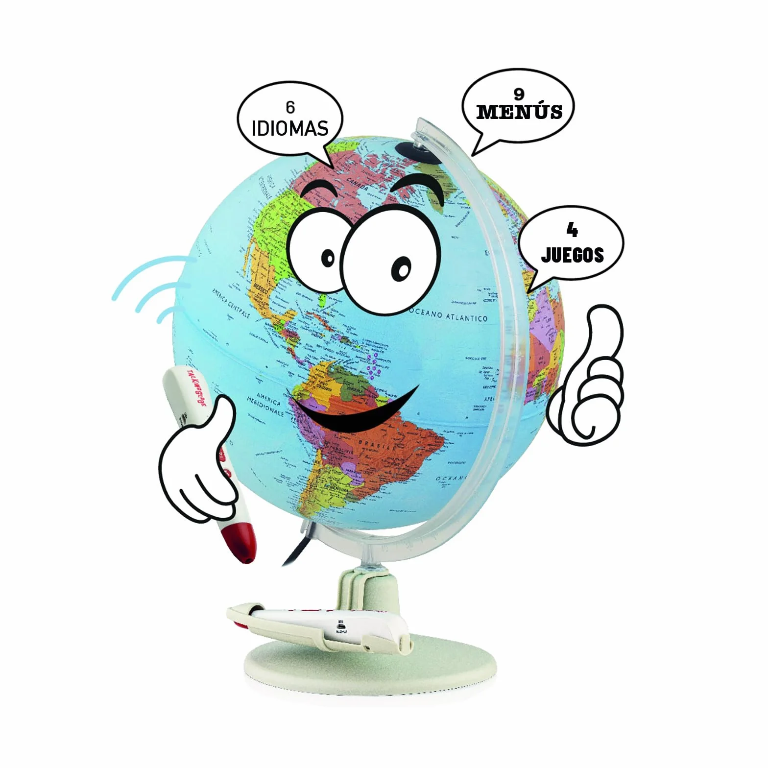Tecnodidattica - Parlamondo | Globo Terráqueo Interactivo para Niños y Jóvenes | Globo Luminoso y Giratorio | Bolígrafo de Música con Audio | 6 Idiomas | Cartografía Política | Diámetro de 30 cm