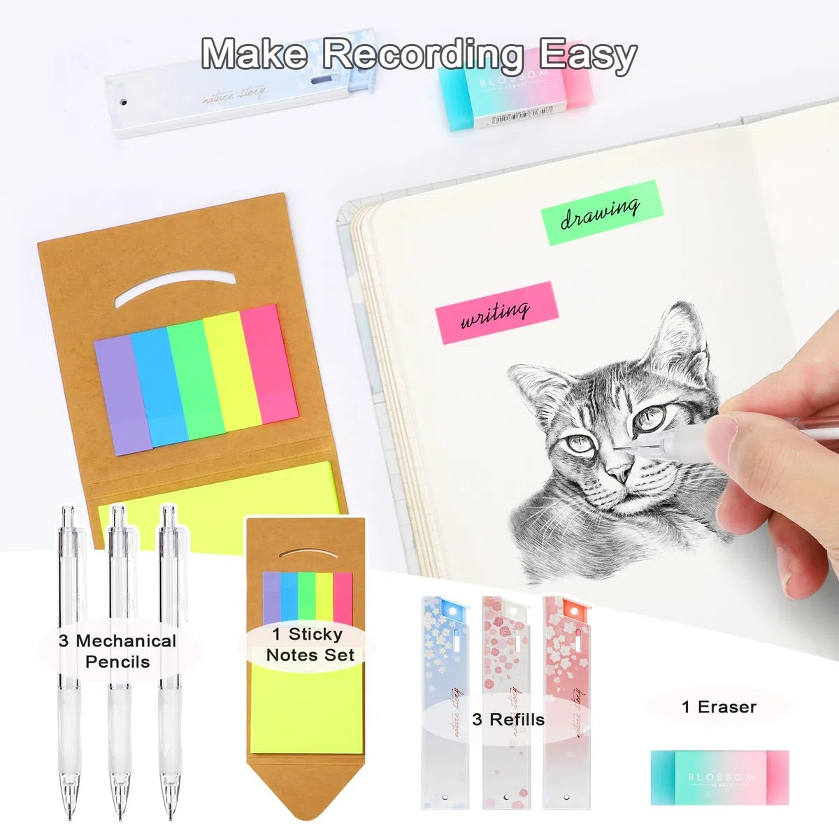 OPPZZIT Bolígrafos de Gel Borrable, Set de 63 Material Escolar Estético con 5 Bolígrafos de Gel, 12 Subrayadores Pastel, 6 Portaminas, 1 Estuche Azul, Papelería Bonita & Regalos Cumpleaños