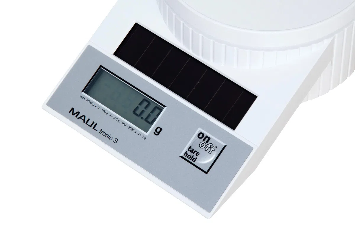 MAUL Báscula para cartas MAULtronic S digital solar blanca 2 kg | precisión para oficina, tara y hold cómodos, pantalla LCD inclinada, carcasa resistente, apagado automático