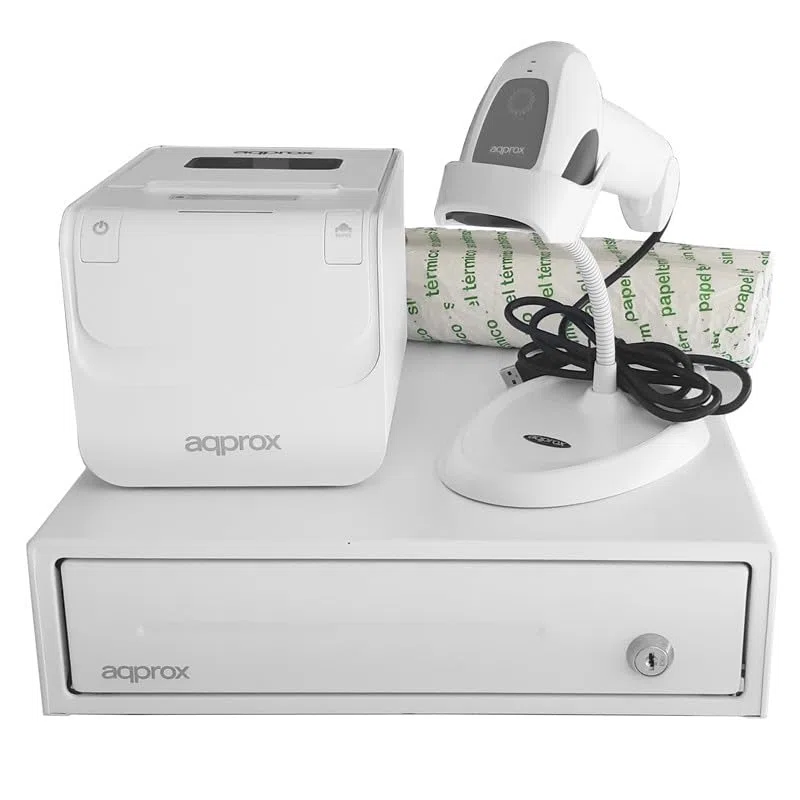 APPROX Pack TPV cajón-Impresora-Lector CÓDIGO Barras-Paquete 8 Rollo 80X60- Blanco