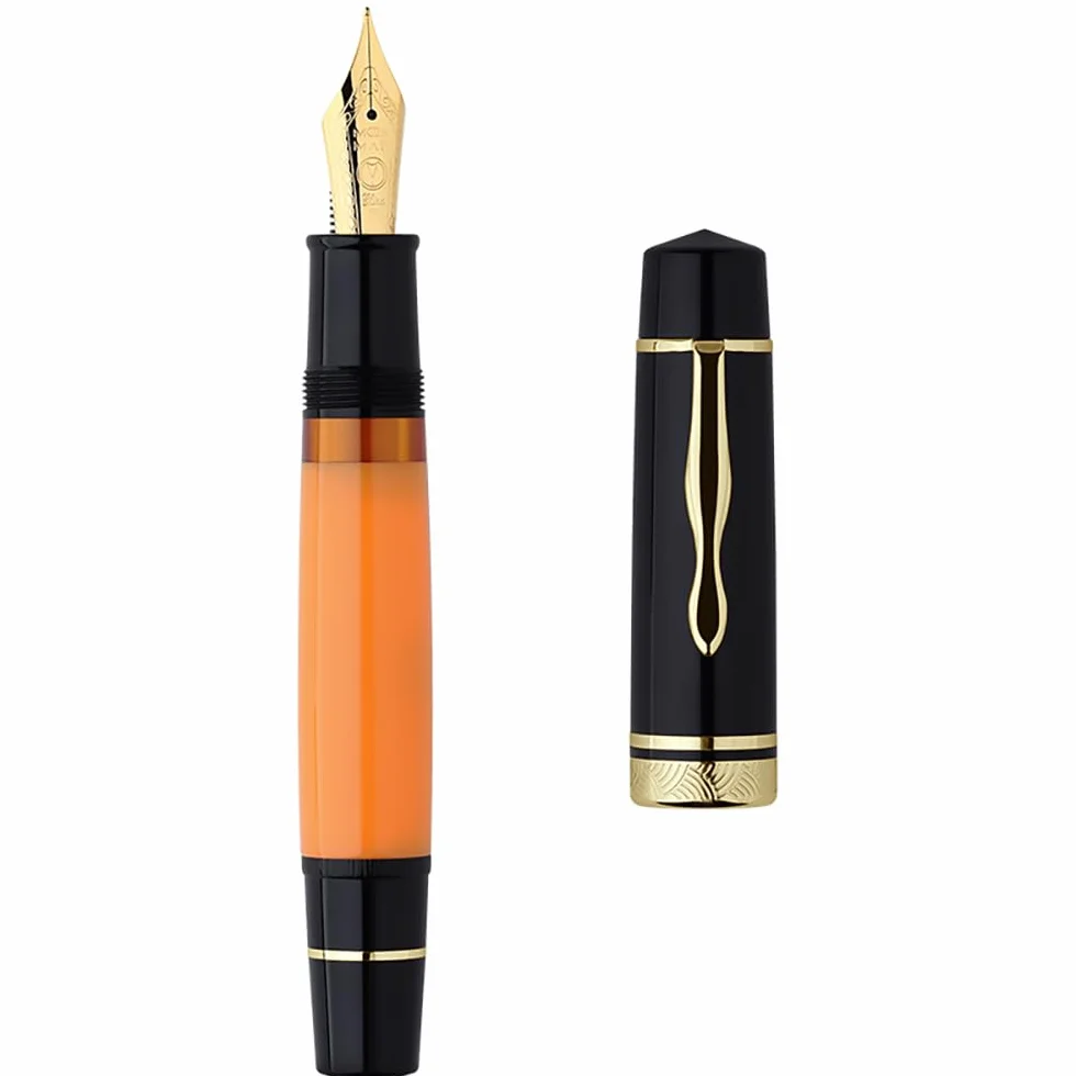 Erofa, Majohn P139, Pluma estilográfica de resina de pistón de punta mediana con caja, sistema de pistón de latón de gran capacidad, Negro y amarillo