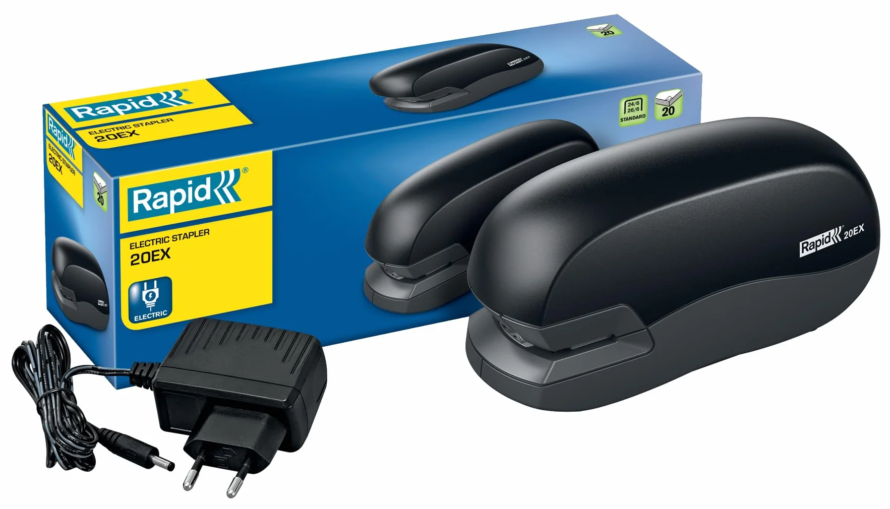 Rapid 5000297 – Grapadora Eléctrica De Sobremesa 20EX Fixativ, Capacidad 20 Hojas, Uso Con Una Mano, Alimentación Por Adaptador Incluido, Compatible Con Grapas Rapid 24/6 Y 26/6, Color Negro