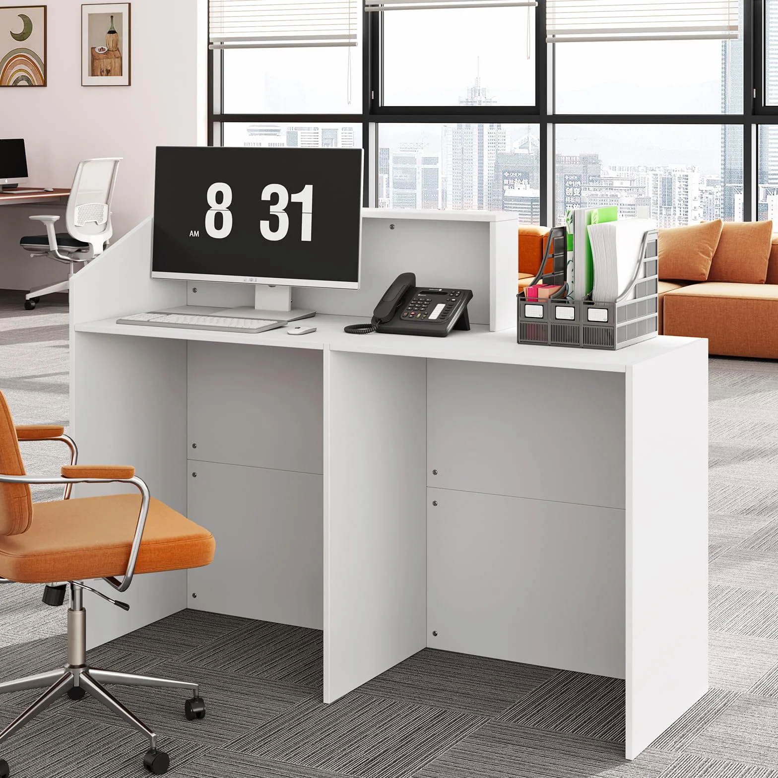 Mostrador de recepción blanco 133 x 45 x 100 cm, mesa de oficina con gran superficie de trabajo