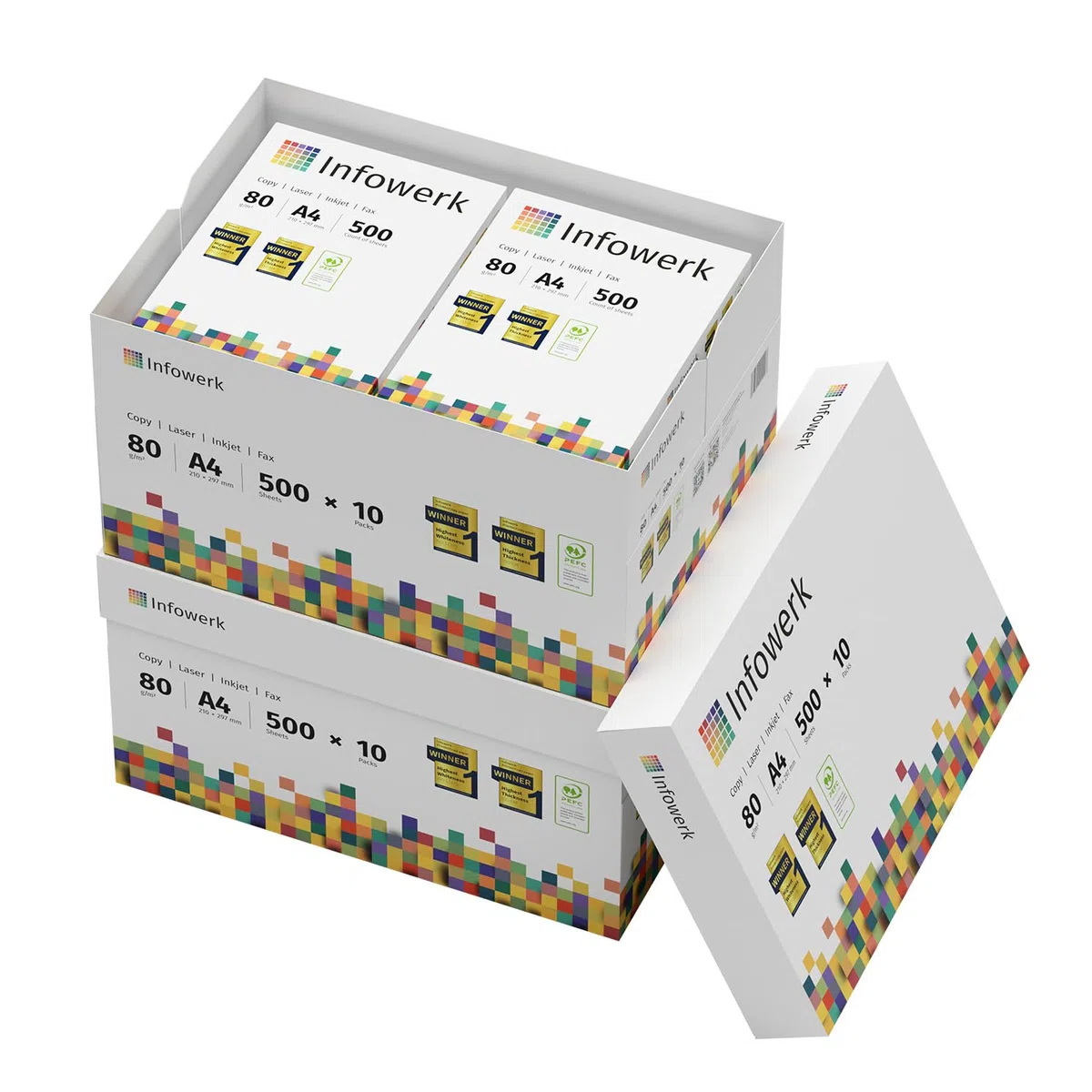 Papel multiusos para impresora, Folios A4, 80g, 10.000 Hojas, 20 Paquetes de 500, Color blanco, PEFC
