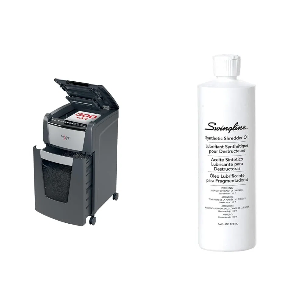 Rexel 2020300XEU - Destructora Automática Optimum 300X, Corte Partículas P-4, 300 Hojas, Papelera 60L, Tarjetas de Crédito, Grapas y Clips, + Lubricante para el Mantenimiento de destructora, 473 ml