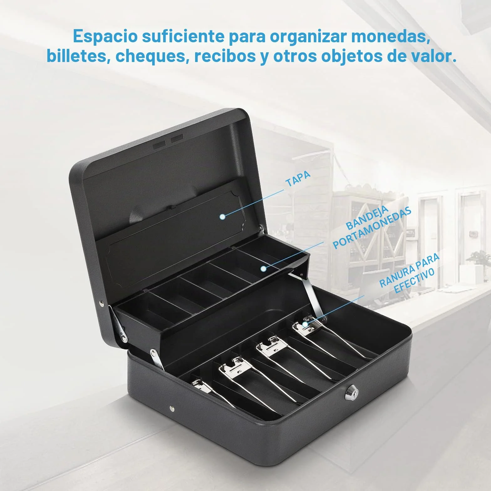 HAITRAL Caja Dinero con Llave, Caja de Seguridad de Metal, Caja de efectivo bloqueable, con 5 Compartimentos Monedas y 4 Compartimentos Billetes, Caja fuerte portatil, 30 x 24 x 9 cm, Negro