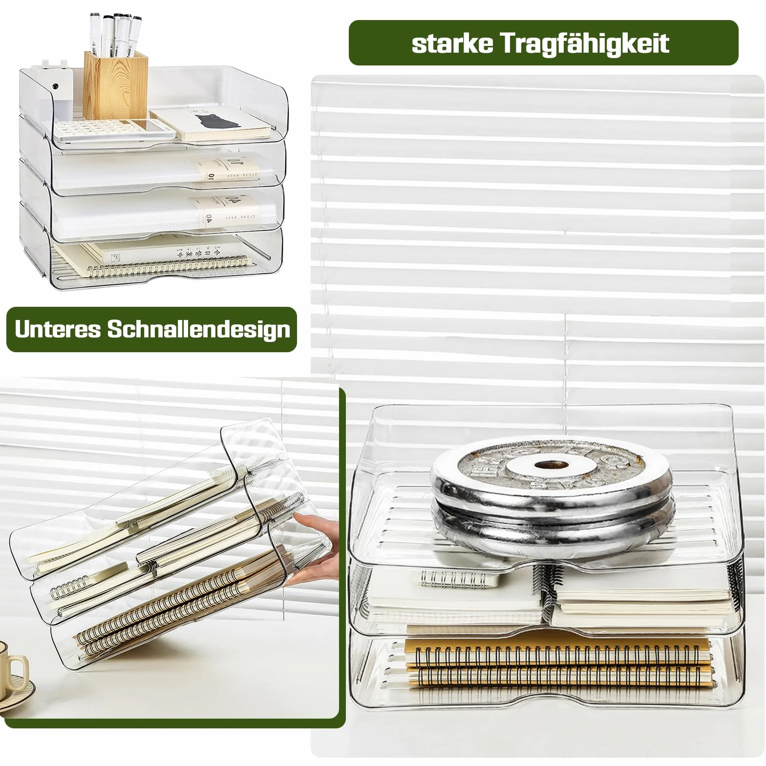 Bandeja para cartas de 4 pisos, transparente, de acrílico, apilable, para A4, robusta y apilable, bandeja para documentos de plástico PET, para casa, oficina, escuela, 33 x 25 x 7 cm