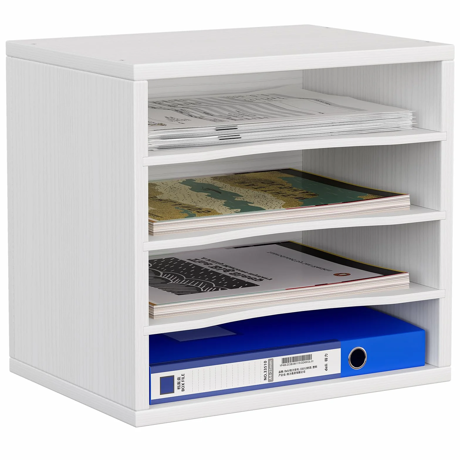 EasyPAG 4 Niveles Madera A4 Organizador Escritorio Bandeja Archivador Clasificador Documentos Soporte Papeles Almacenamiento Archivos Estante Folios,Blanco