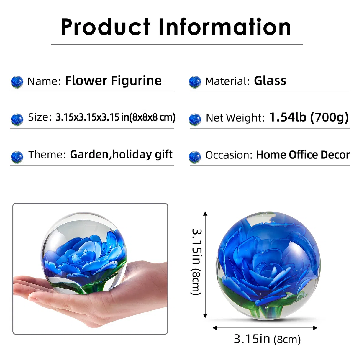 EUSTUMA Figura de pisapapeles de flores de vidrio para el escritorio. Déle un regalo de la persona que amas para la decoración del jardín. (Azul)