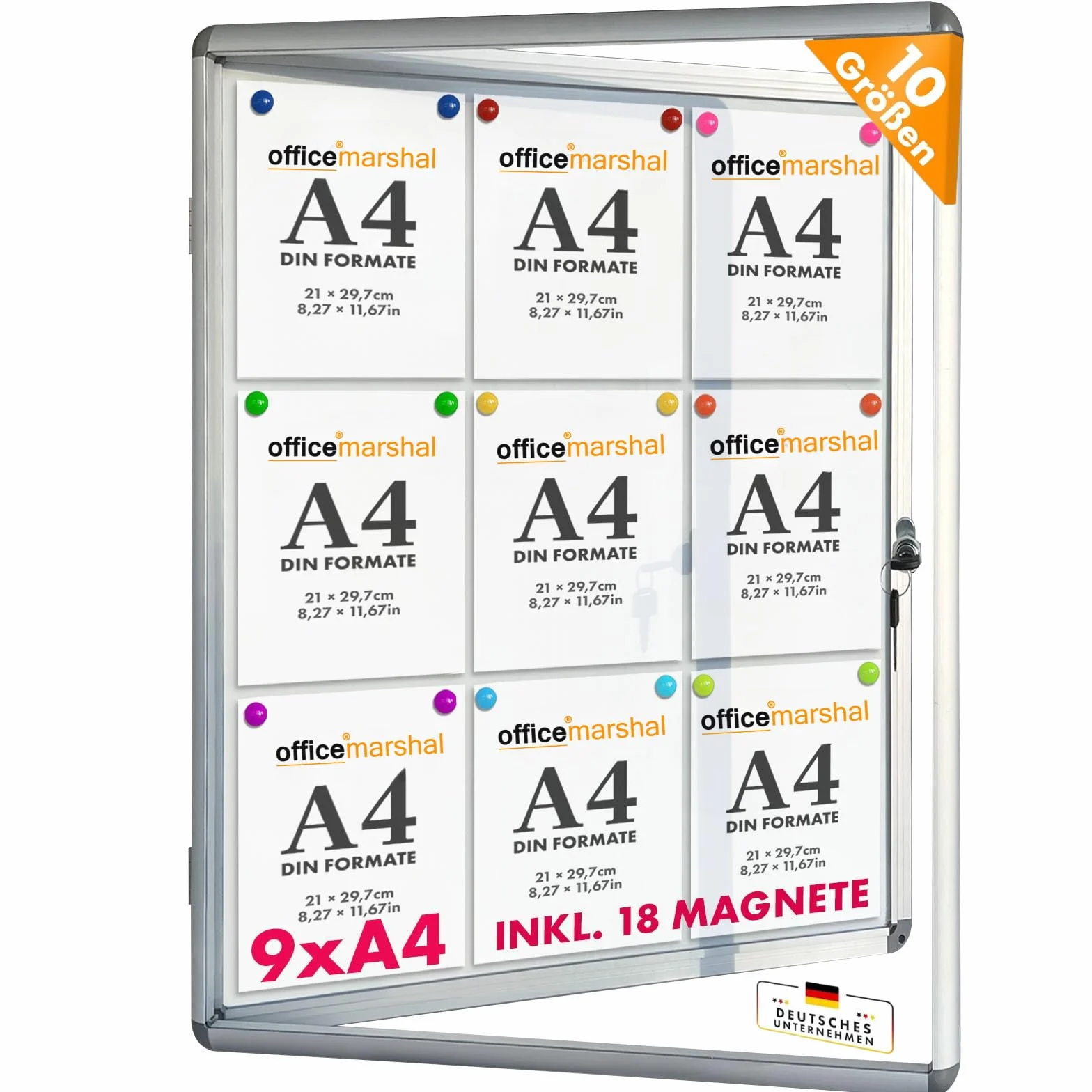 OfficeMarshal Vitrina de 9 x A4 con 18 imanes, caja de información para colgar, magnética, pared posterior para escribir, con marco de aluminio