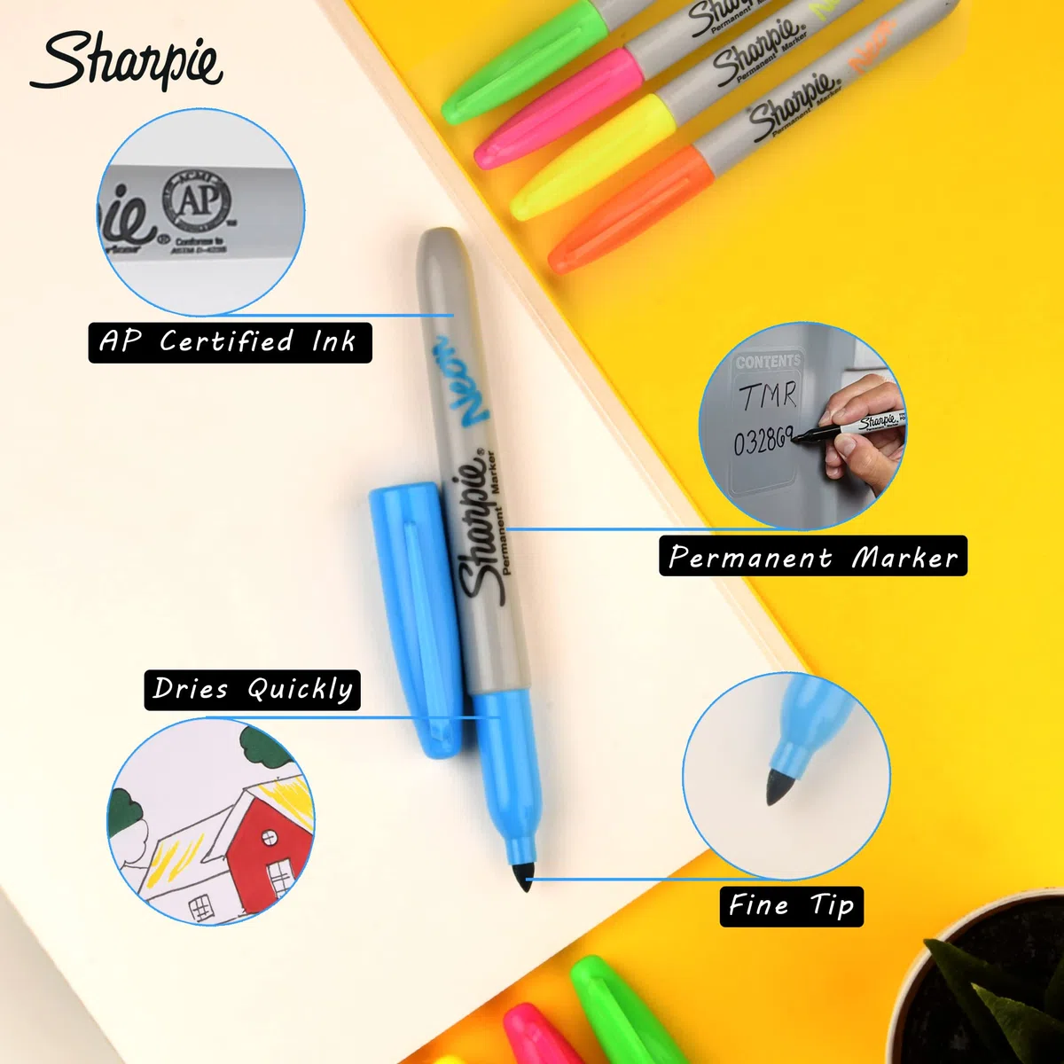 SHARPIE Marcador permanente de punta fina neón para escritura precisa, apto para uso multiusos, sin manchas, artículos de papelería de oficina, paquete de 5
