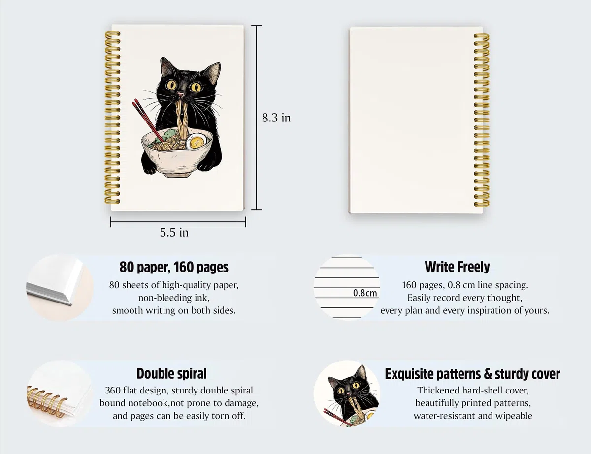 ICEWHITEY Cuaderno de gato negro, regalos de gato negro, divertido diario de gato negro come fideos, regalos para amantes de los gatos, regalos de mamá y gato, suministros de oficina para gatos