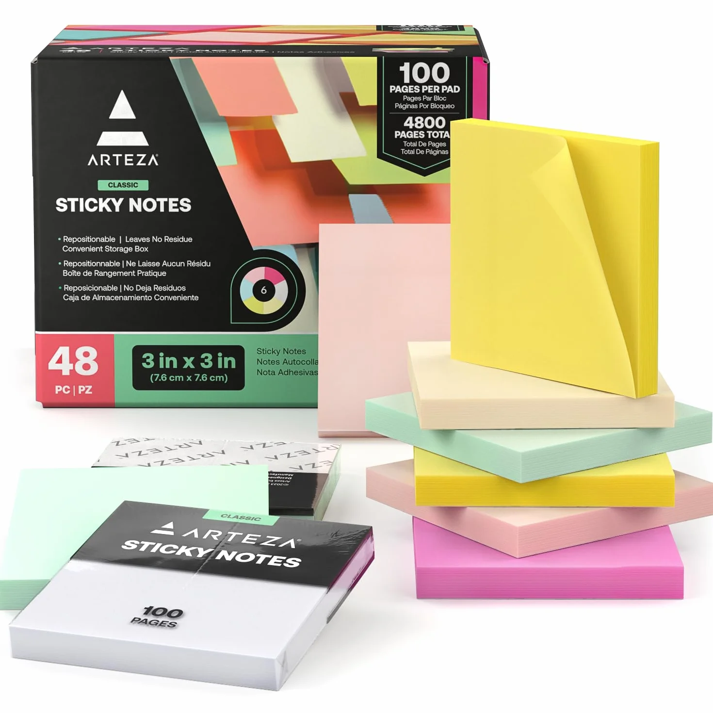 ARTEZA Notas adhesivas de 3 x 3 pulgadas, 48 blocs adhesivos (100 páginas por bloc), blocs de notas adhesivas a granel, notas adhesivas autoadhesivas multicolores, suministros escolares y de oficina,