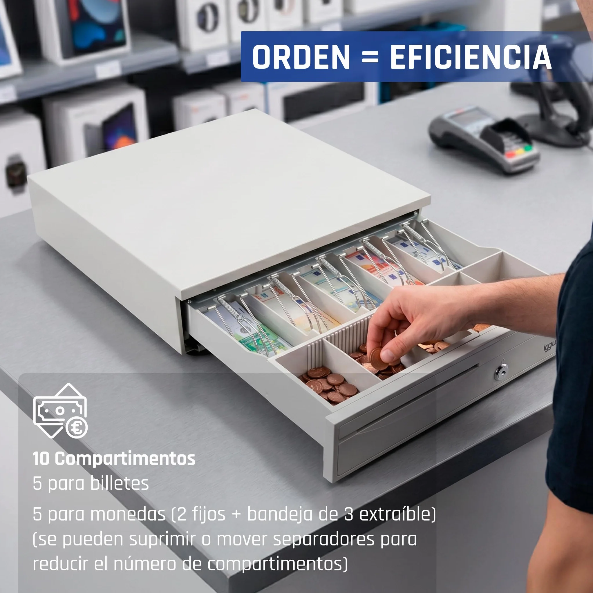iggual – Cajón Portamonedas IRON-30W -Caja Efectivo, Registradora Manual o Automática para 5 Billetes y 5 Moneda - Cerradura 3 Posiciones- Acero+Plástico -Uso profesiona -Blanco Perla (42x40,5x10)