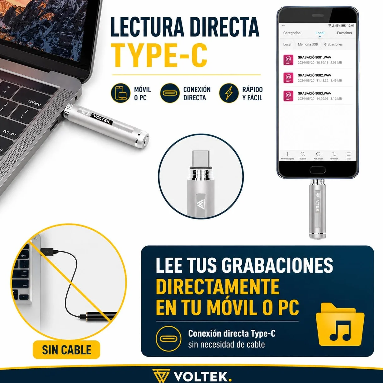VOLTEK Pluma Grabadora de Audio 64GB - Mini Detector de Dictáfonos Vocal