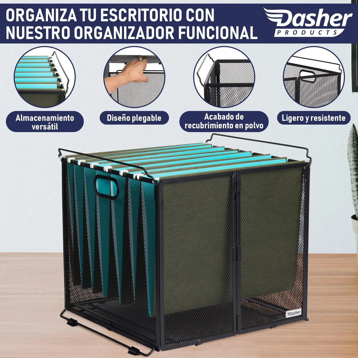 Dasher Products Organizador de documentos colgante tamaño A4, contenedor de carpeta de archivos suspendida, caja de malla de metal negro, soporte para documentos, organizador portátil colgante