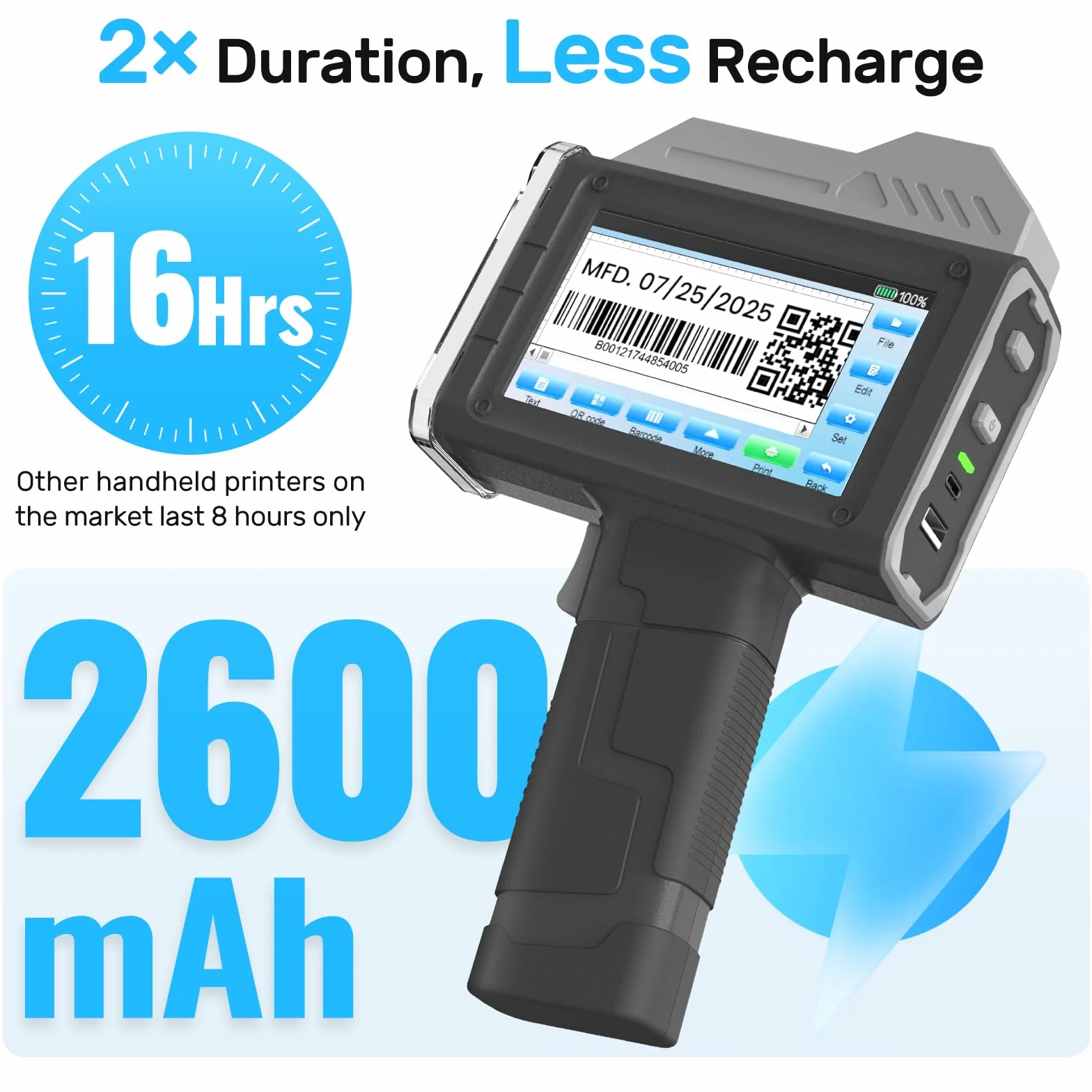 BENTSAI Impresora de inyección de Tinta portátil BT-HH6210B Cabezal de impresión de 25,4 mm con 18H de Larga duración para número de Lote, Fecha, Logotipo, impresión de código QR en