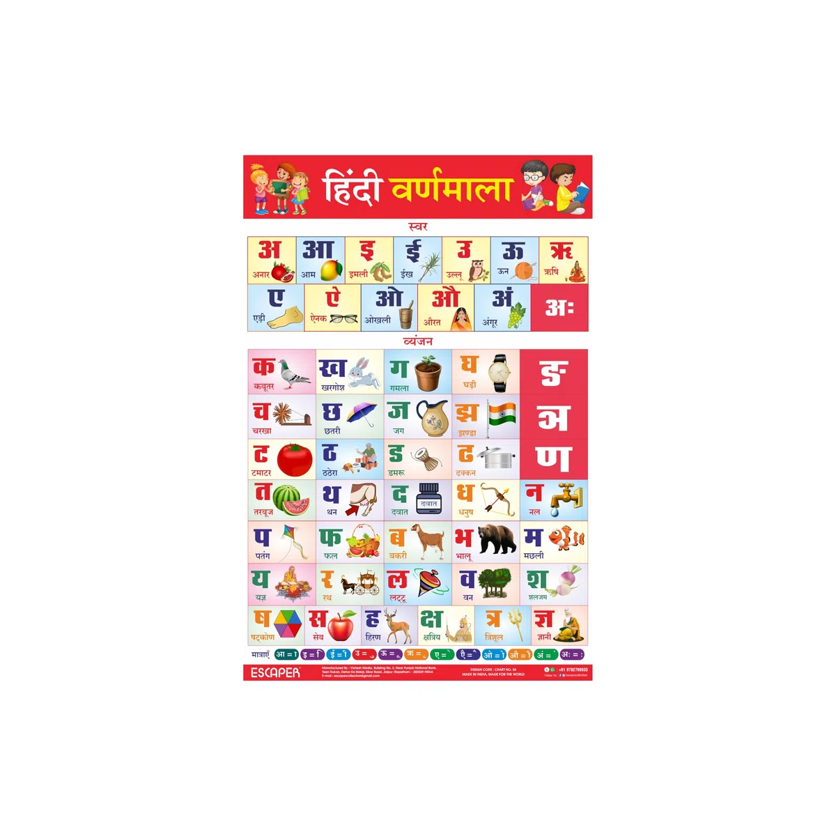 ESCAPER Gráfico de Hindi Varnamala para niños que aprenden (11.5 x 17.5 pulgadas), póster de gráfico Hindi Varnamala, gráfico de pared Hindi Varnmala, gráfico de Hindi Varnamala, tamaño grande